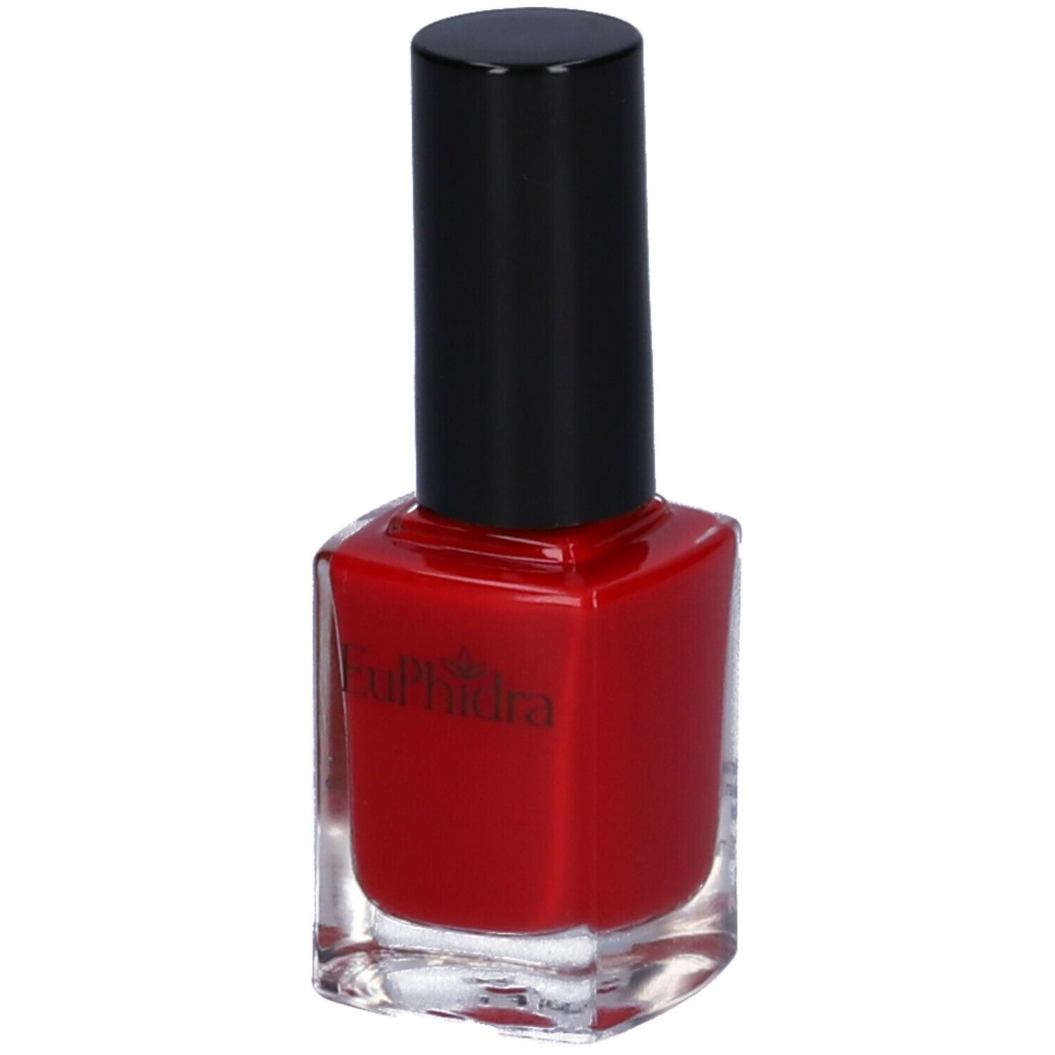 Flacone di smalto rosso con tappo nero. Visibile il logo "Euphidra".