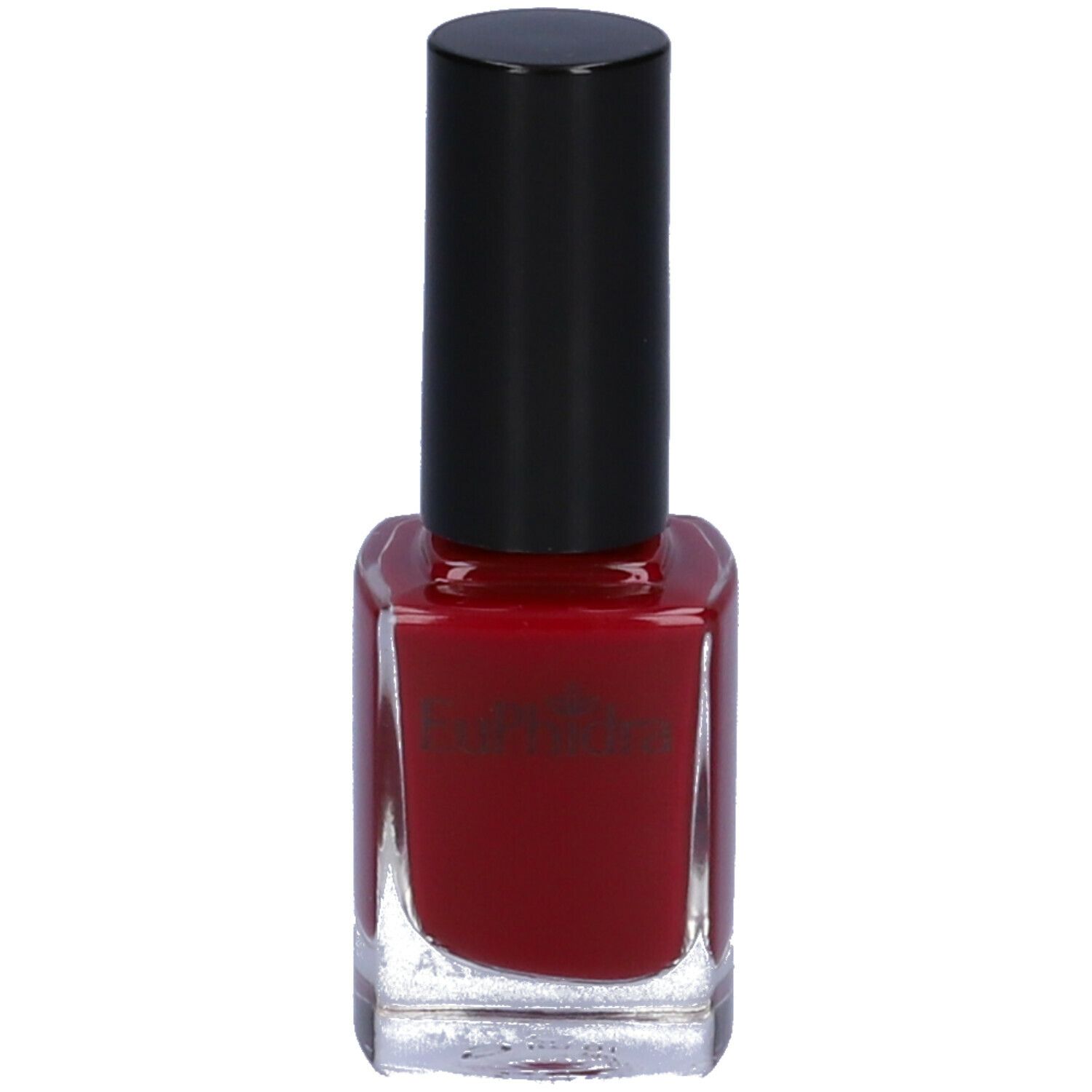Flacone di smalto rosso con tappo nero.