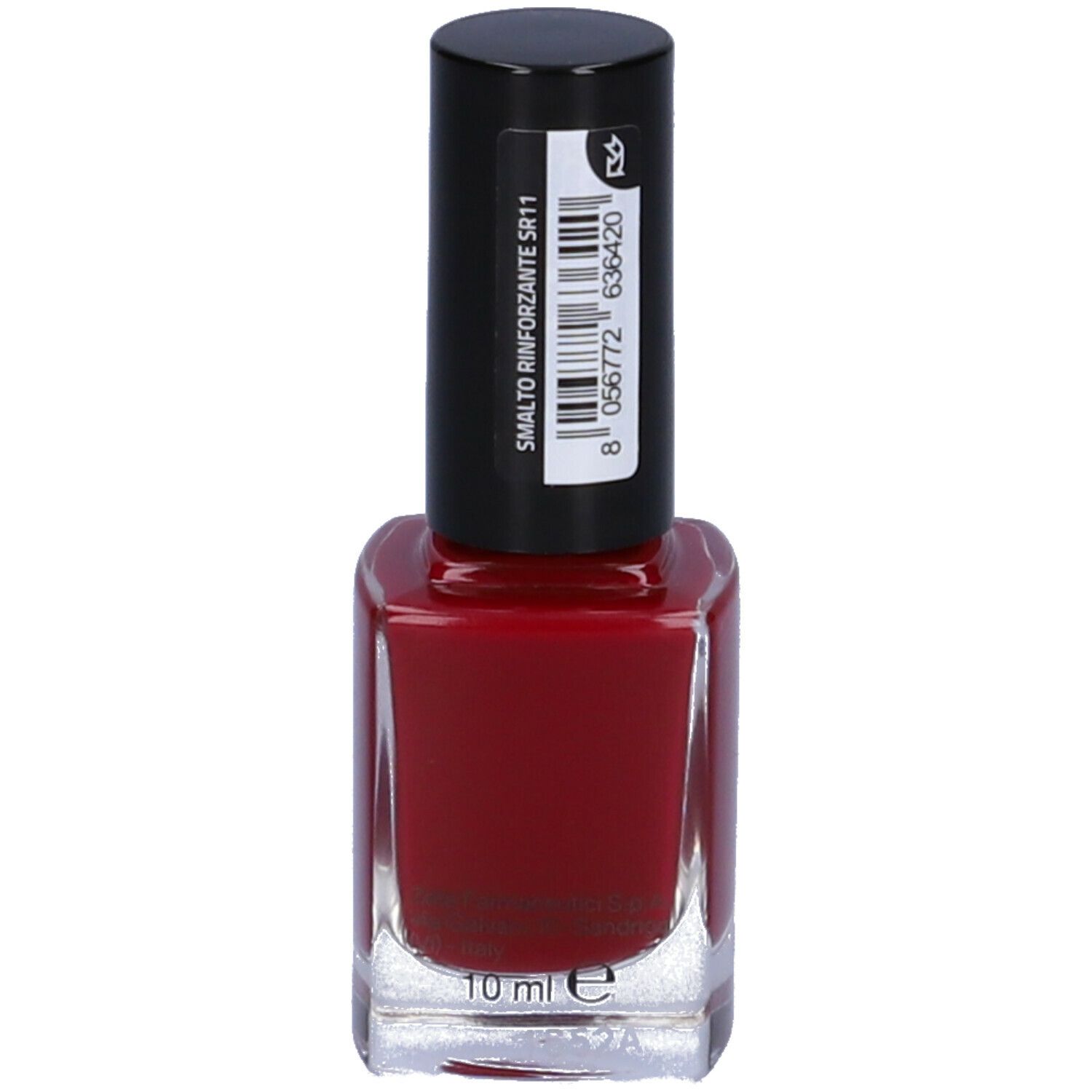 Flacone smalto rosso, tappo nero. Etichetta: Smalto Rinforzante SR11, 10 ml.