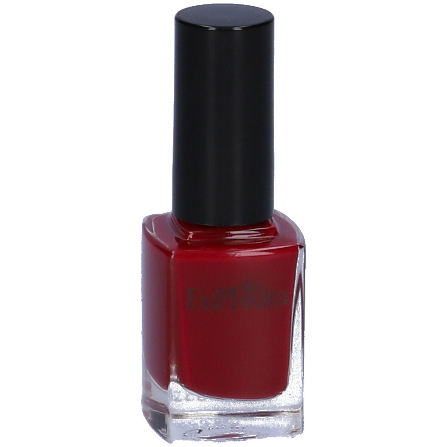 Flacone di smalto rosso con tappo nero.