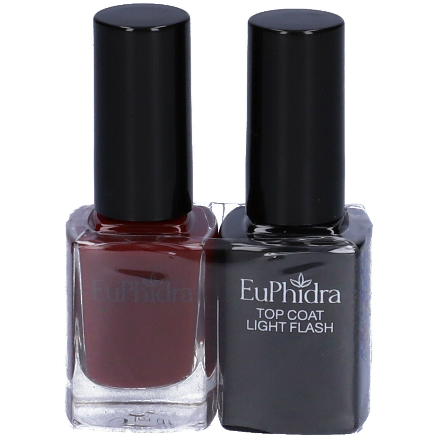 Due flaconi di smalto per unghie, uno rosso, uno nero. Sul flacone nero c'è scritto Euphidra Top Coat Light Flash.