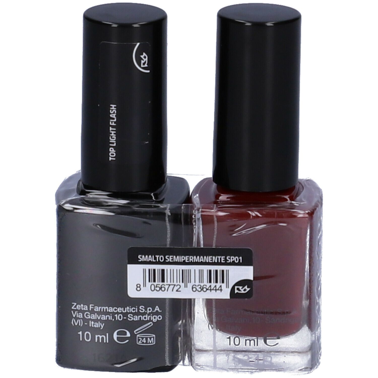 Due flaconi di smalto per unghie, uno rosso, uno nero. Sul flacone nero c'è scritto Euphidra Top Coat Light Flash.