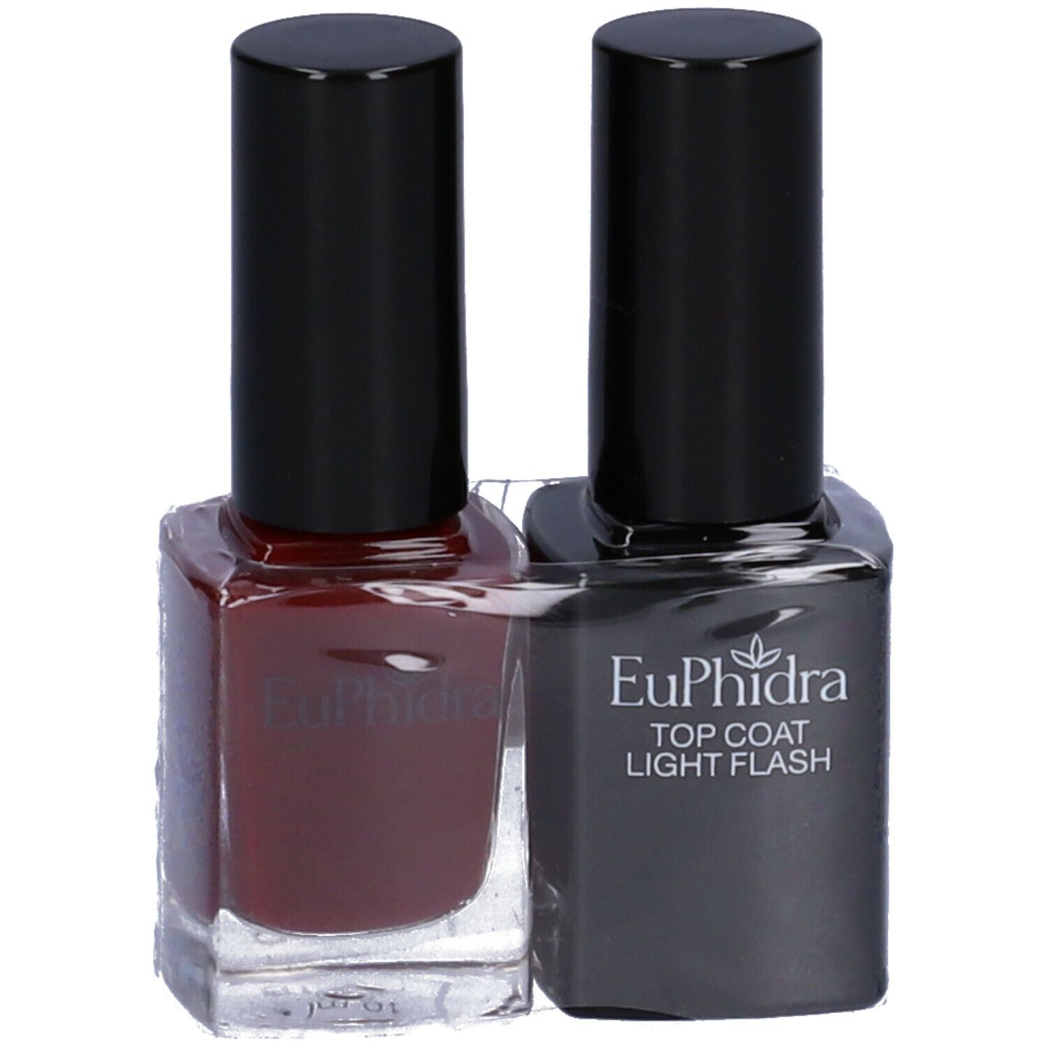 Due flaconi di smalto per unghie, uno rosso, uno nero. Sul flacone nero c'è scritto Euphidra Top Coat Light Flash.
