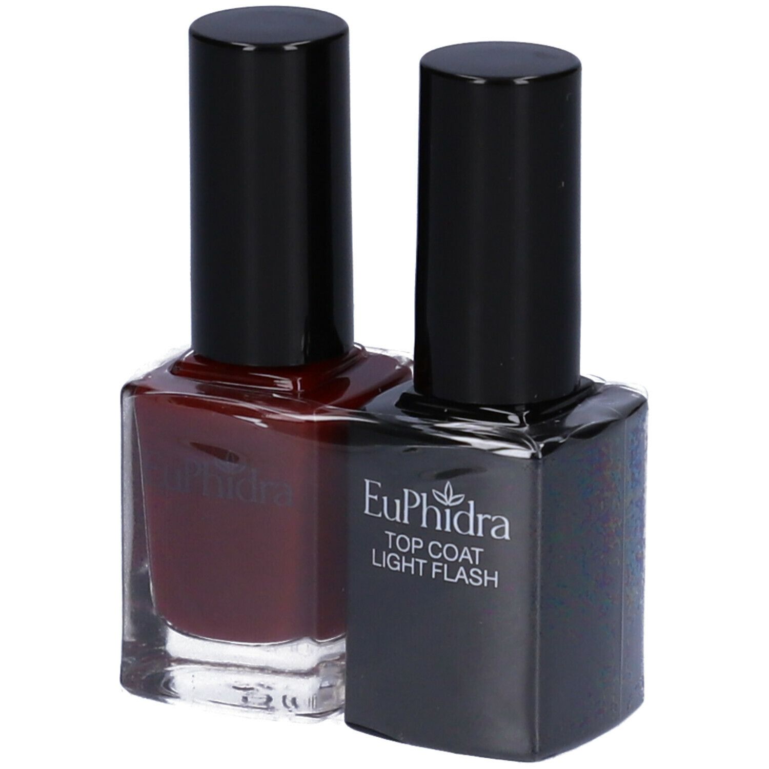 Due flaconi di smalto per unghie, uno rosso, uno nero. Sul flacone nero c'è scritto Euphidra Top Coat Light Flash.