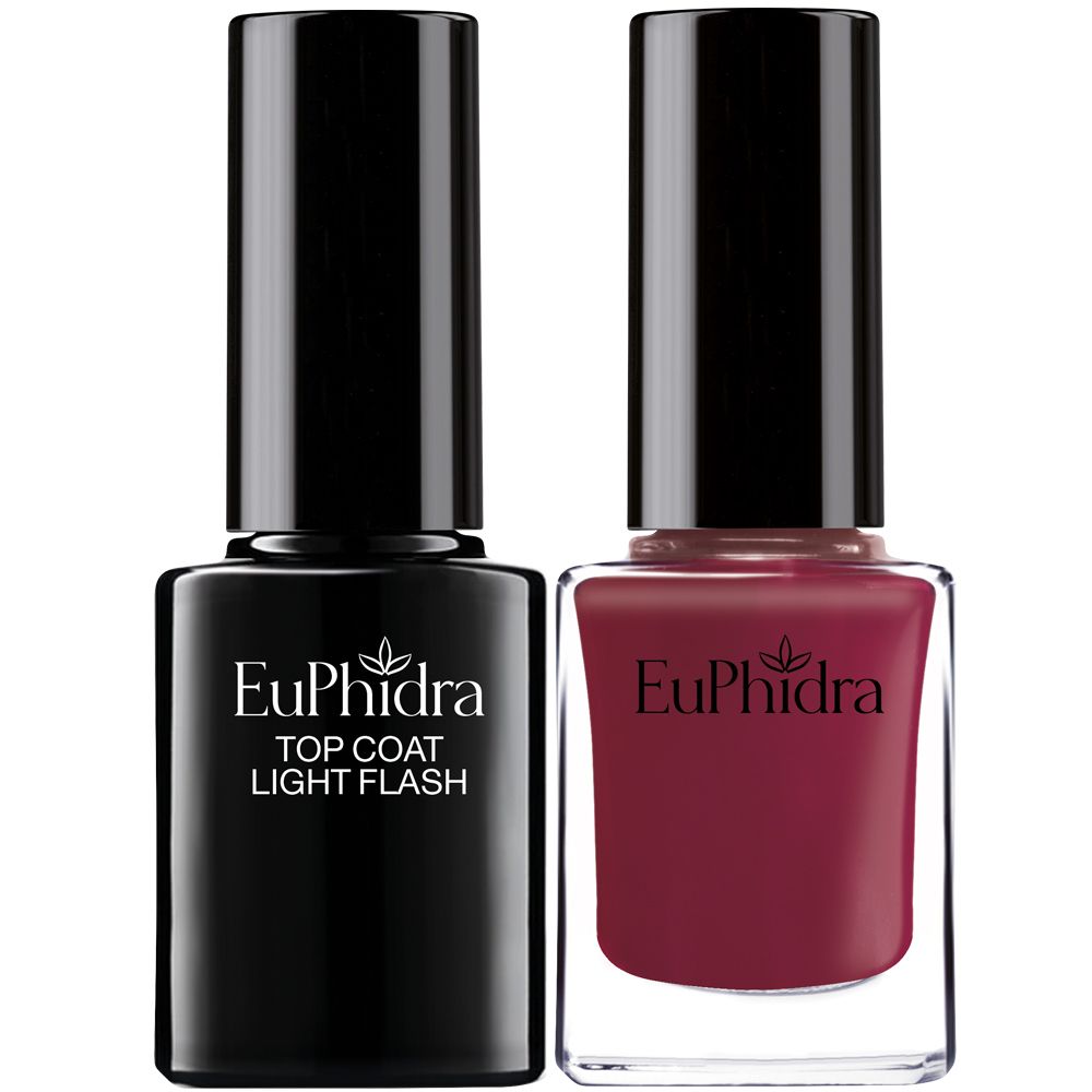 Due flaconi di smalto per unghie. Un flacone nero con "TOP COAT LIGHT FLASH". L'altro flacone è rosso. Entrambi hanno tappi neri.