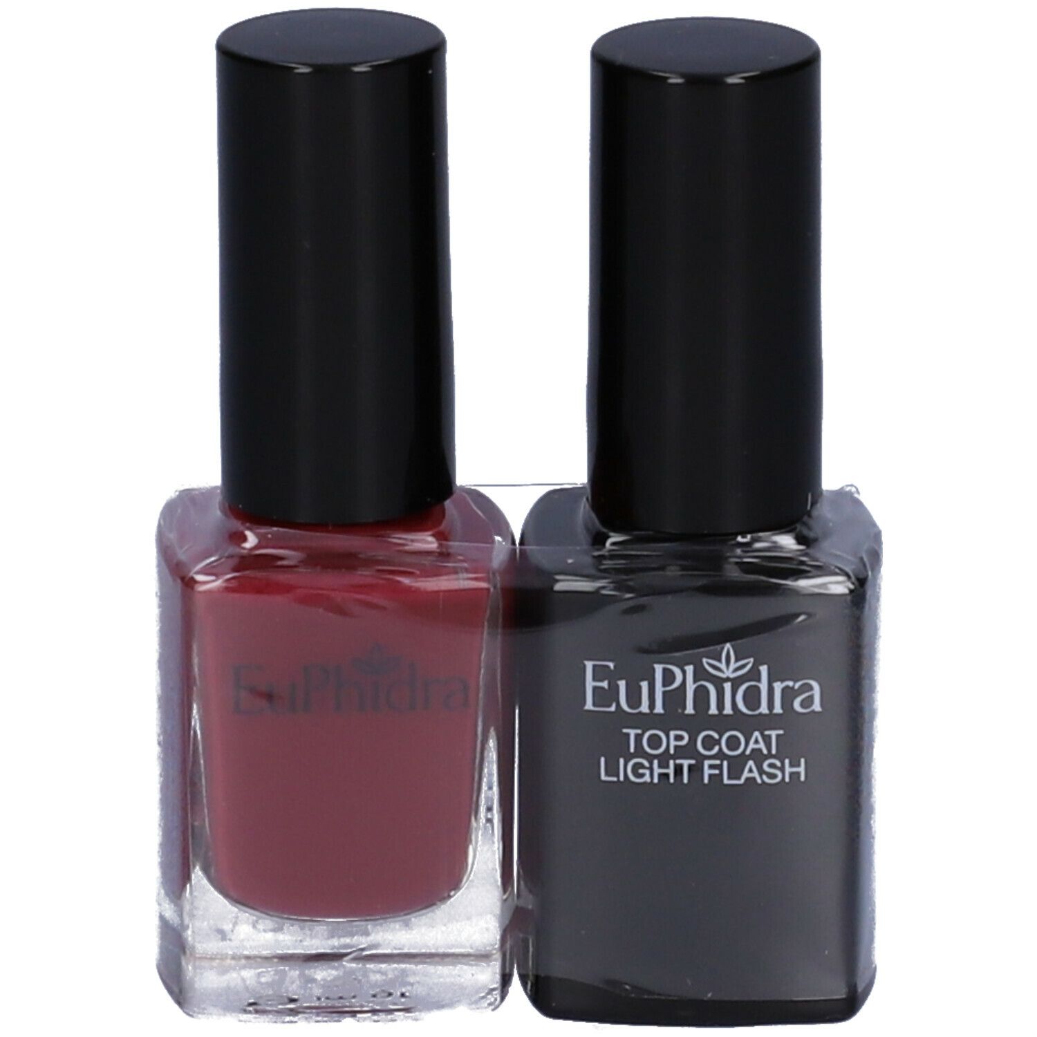 Due flaconi di smalto per unghie in una confezione. Uno rosso e uno nero con "TOP COAT LIGHT FLASH". Entrambi hanno tappi neri.