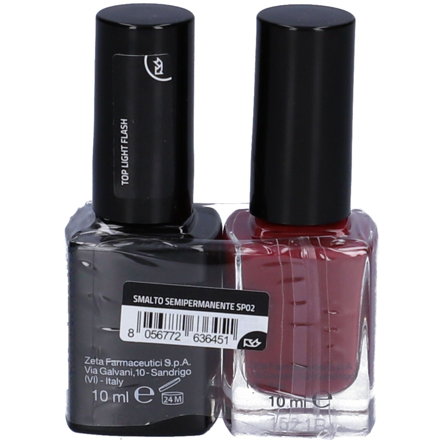 Due flaconi di smalto per unghie in una confezione. Uno rosso e uno nero con "TOP LIGHT FLASH" e "SMALTO SEMIPERMANENTE SP02".