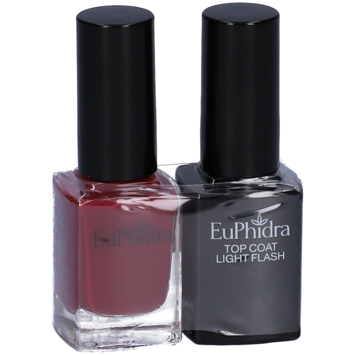 Due flaconi di smalto per unghie in una confezione. Uno rosso e uno nero con "Euphidra" e "TOP COAT LIGHT FLASH".