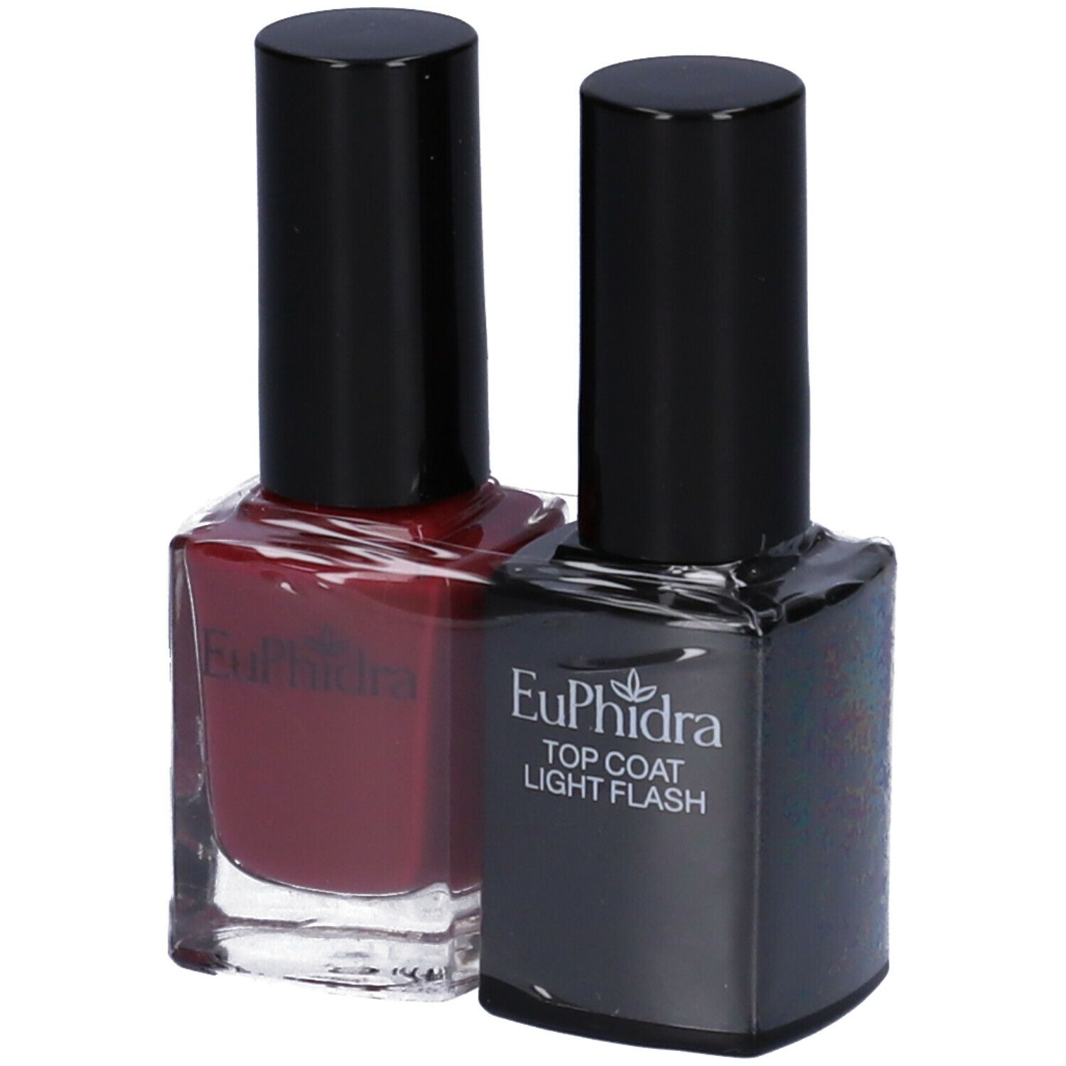 Due flaconi di smalto per unghie in una confezione. Uno rosso e uno nero con "Euphidra" e "TOP COAT LIGHT FLASH".