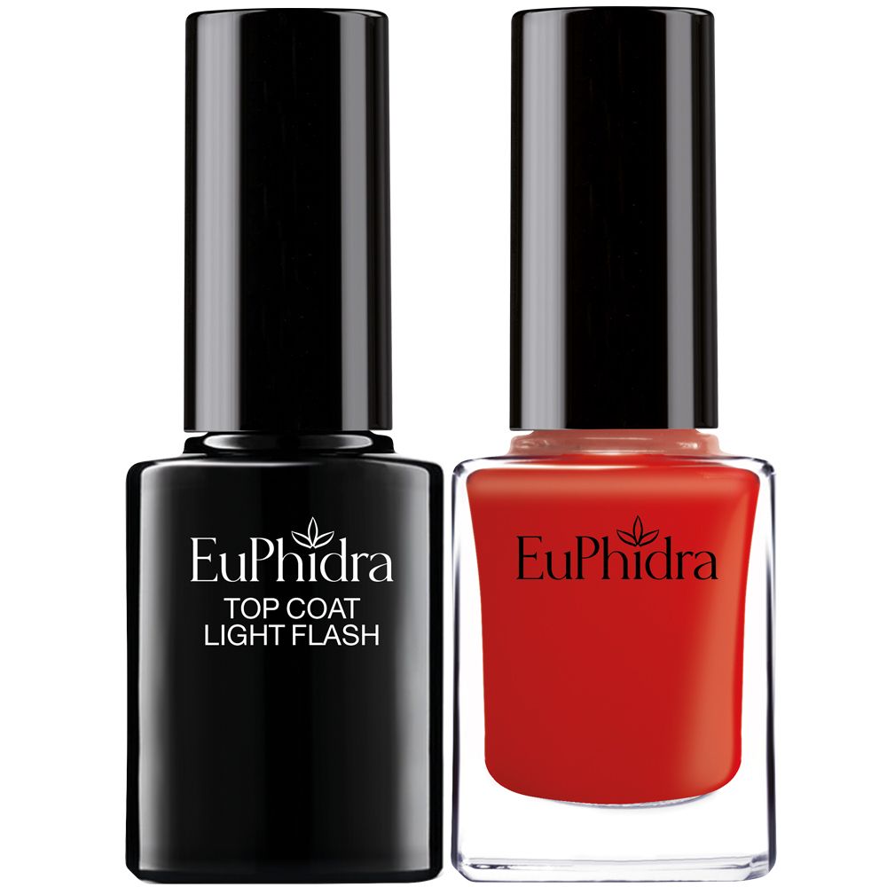 Due flaconi di smalto per unghie. Uno nero con 'TOP COAT LIGHT FLASH'. L'altro rosso con 'Euphidra'.