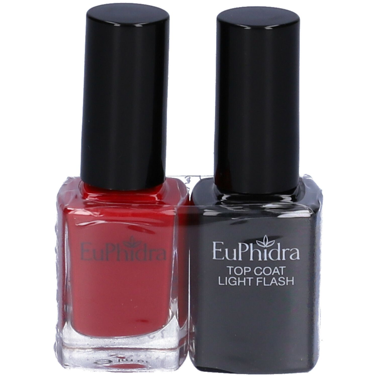 Due flaconi di smalto in confezione. Uno rosso, uno nero con 'Euphidra' e 'TOP COAT LIGHT FLASH'.