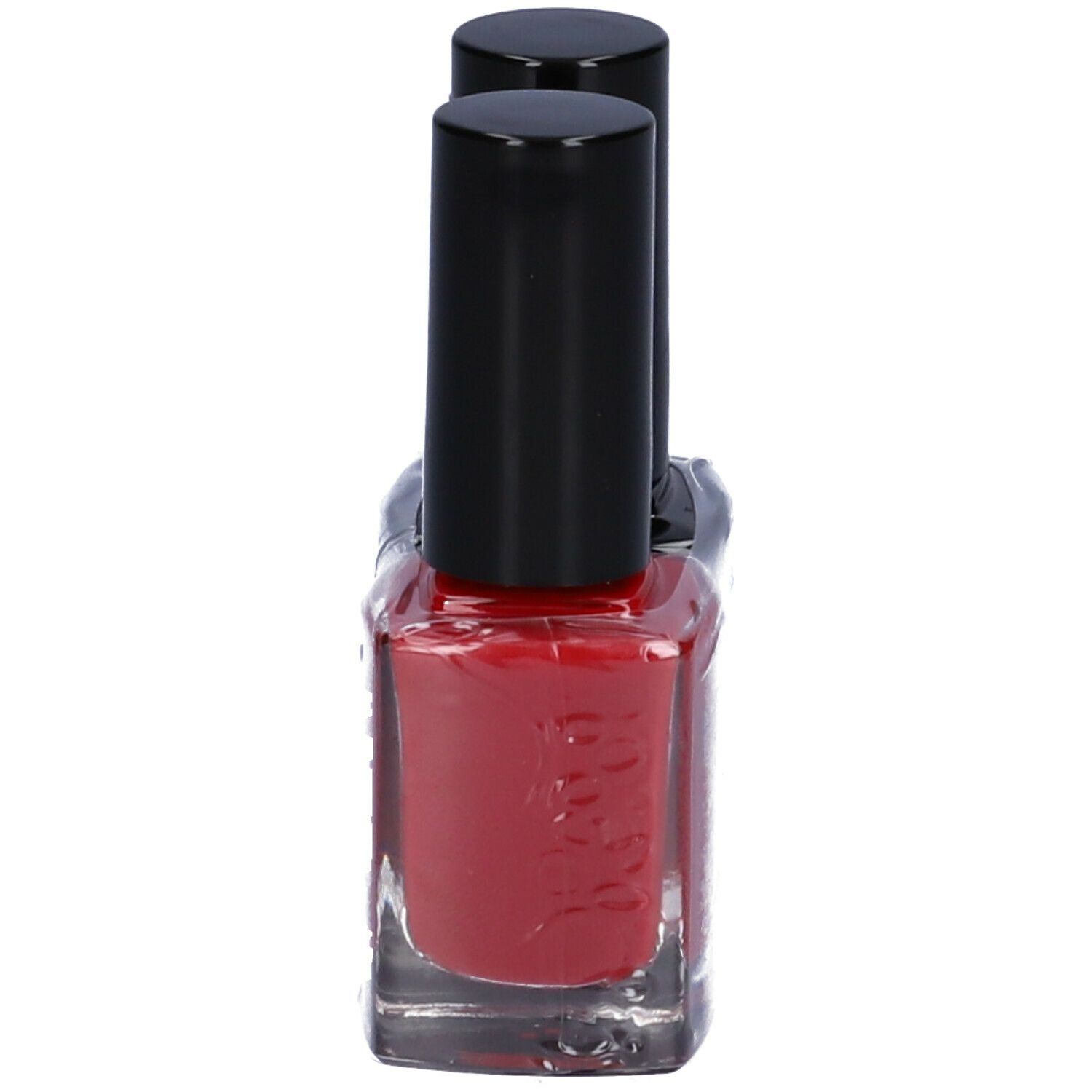 Flacone di smalto rosso con tappo nero. 'Euphidra' sull'etichetta.