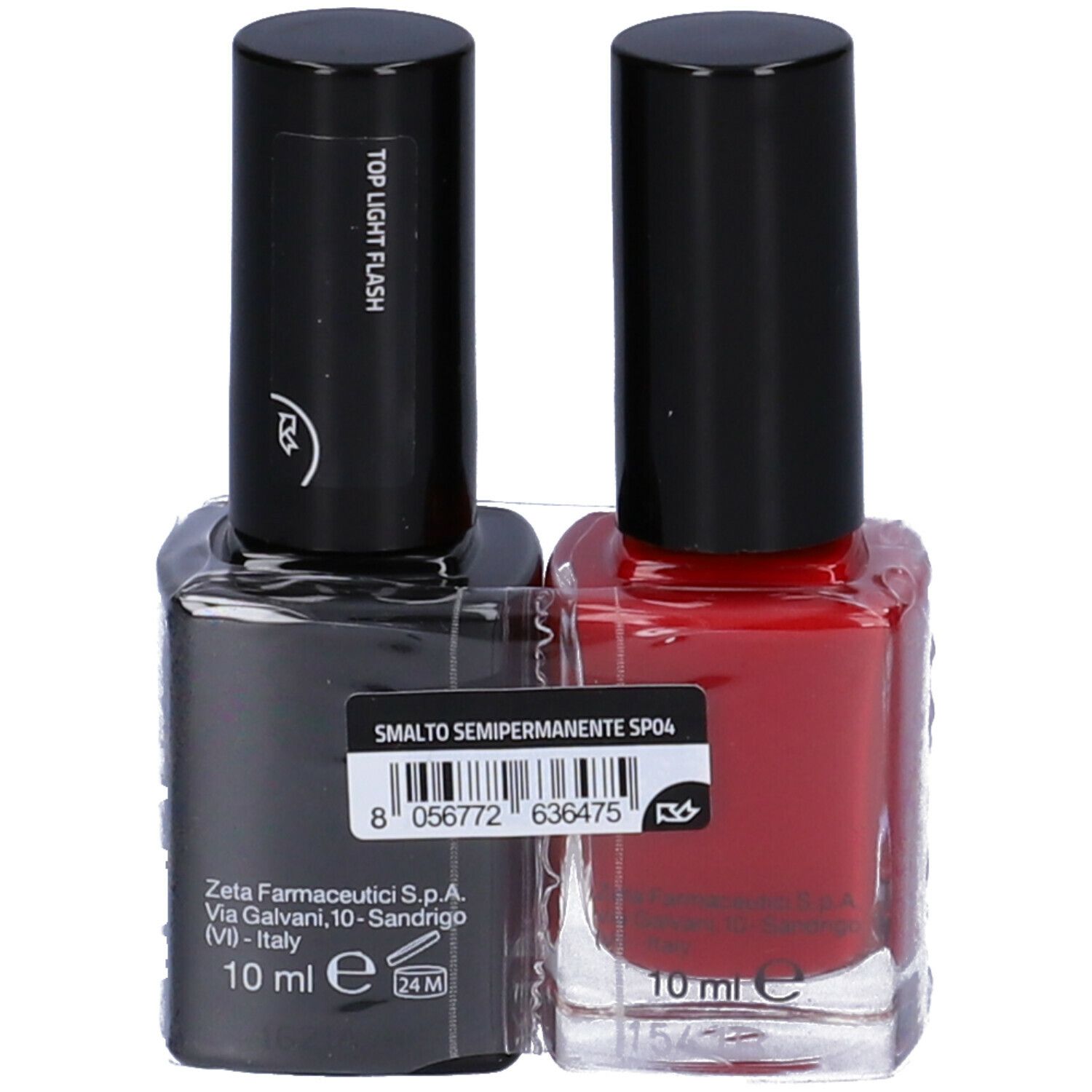 Due flaconi di smalto in confezione. Uno rosso, uno nero con 'TOP LIGHT FLASH' e 'SMALTO SEMIPERMANENTE SP04'.