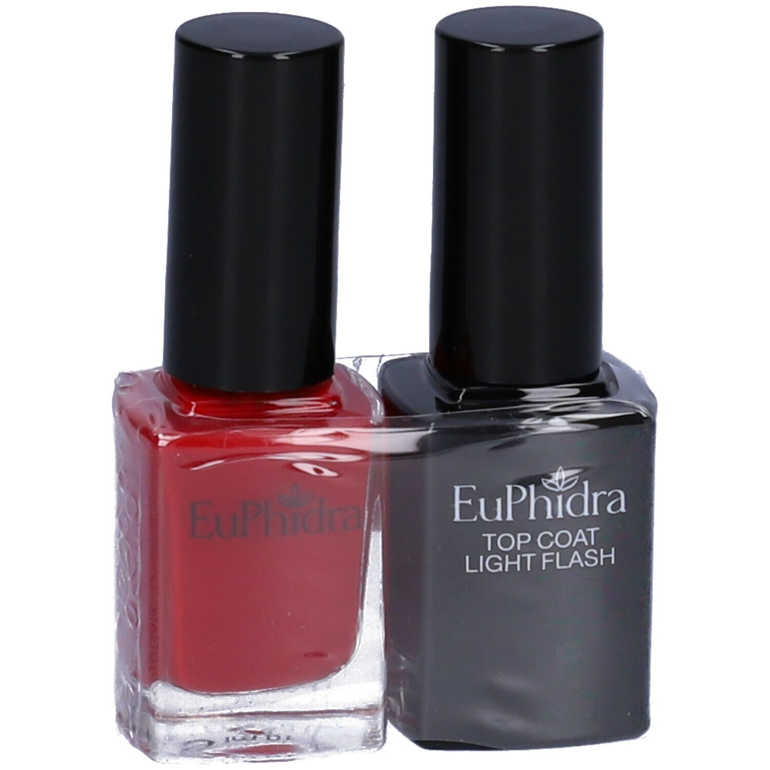 Due flaconi di smalto in confezione. Uno rosso, uno nero con 'Euphidra' e 'TOP COAT LIGHT FLASH'.