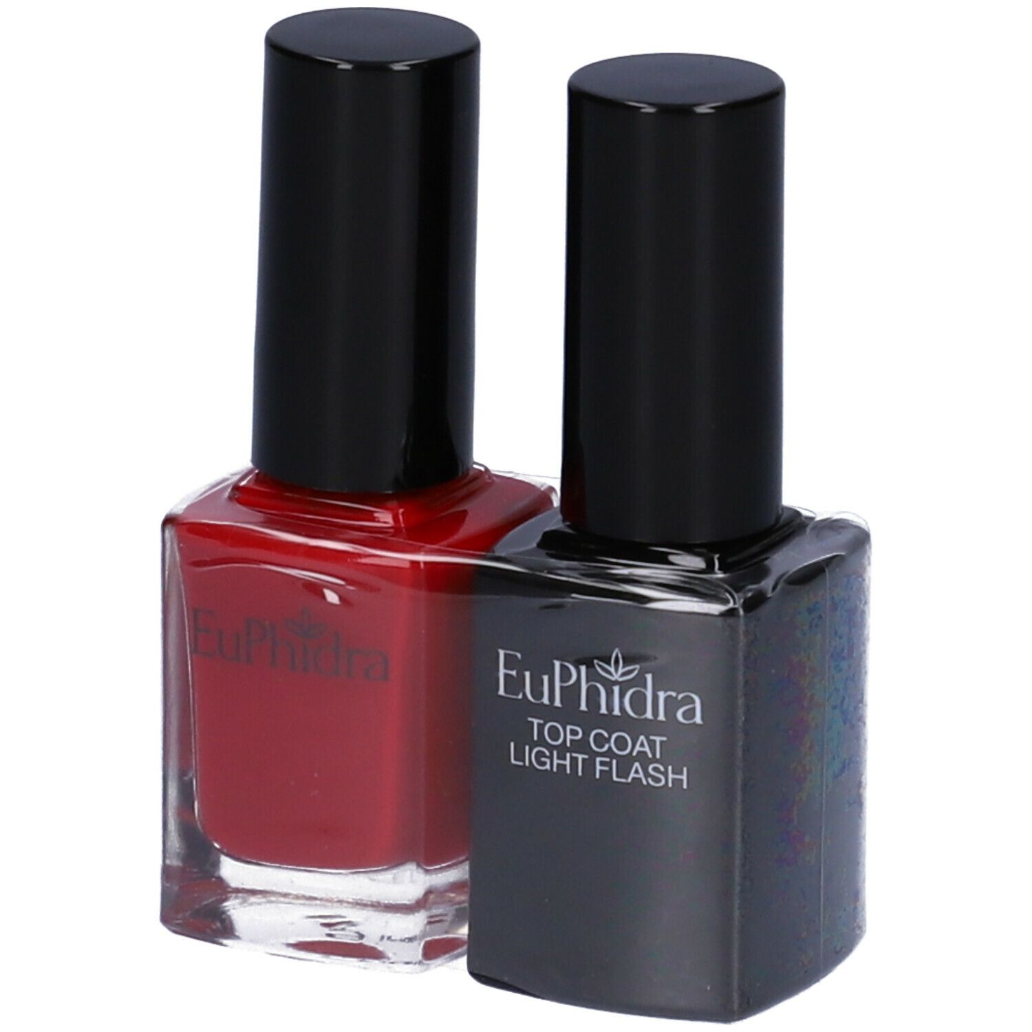 Due flaconi di smalto per unghie. Uno rosso, uno nero con 'Euphidra' e 'TOP COAT LIGHT FLASH'.
