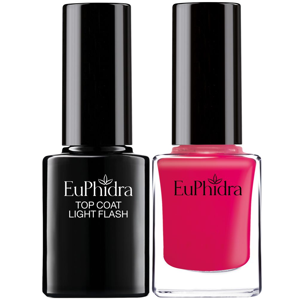 Due flaconi di smalto per unghie. Un flacone nero con 'TOP COAT LIGHT FLASH'. L'altro flacone è riempito di rosso, con 'Euphidra'.