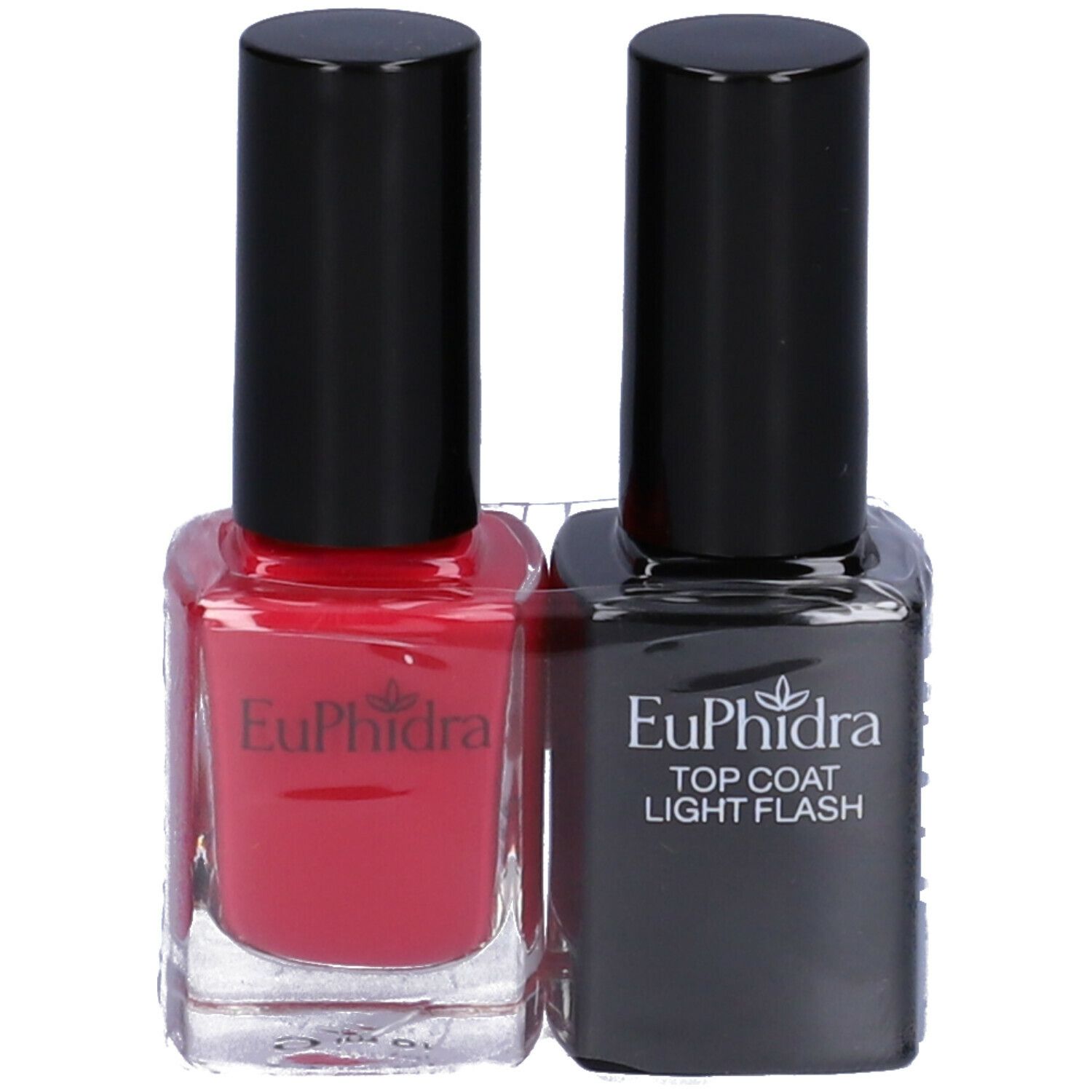 Due flaconi di smalto per unghie. Uno rosso e uno nero con 'TOP COAT LIGHT FLASH'. Entrambi con 'Euphidra'.