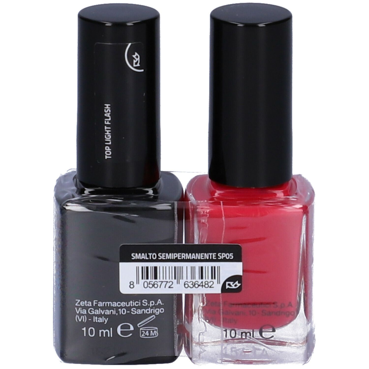 Due flaconi di smalto per unghie. Uno rosso e uno nero con 'TOP LIGHT FLASH'. Entrambi con 'Euphidra'.