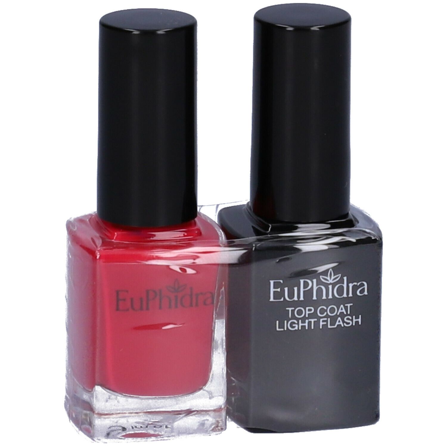 Due flaconi di smalto per unghie. Uno rosso e uno nero con 'Euphidra' e 'TOP COAT LIGHT FLASH'.