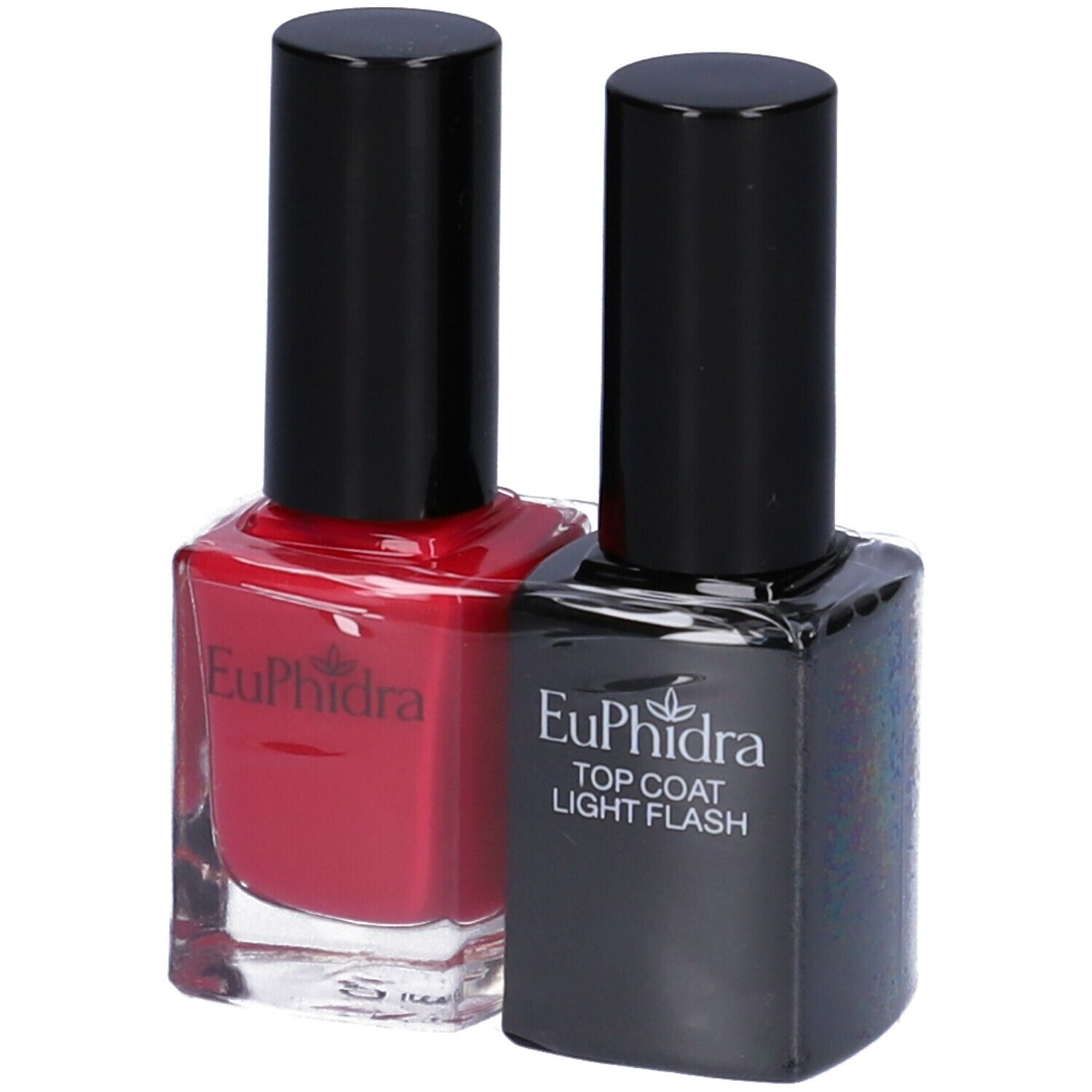 Due flaconi di smalto per unghie. Uno rosso e uno nero con 'Euphidra' e 'TOP COAT LIGHT FLASH'.