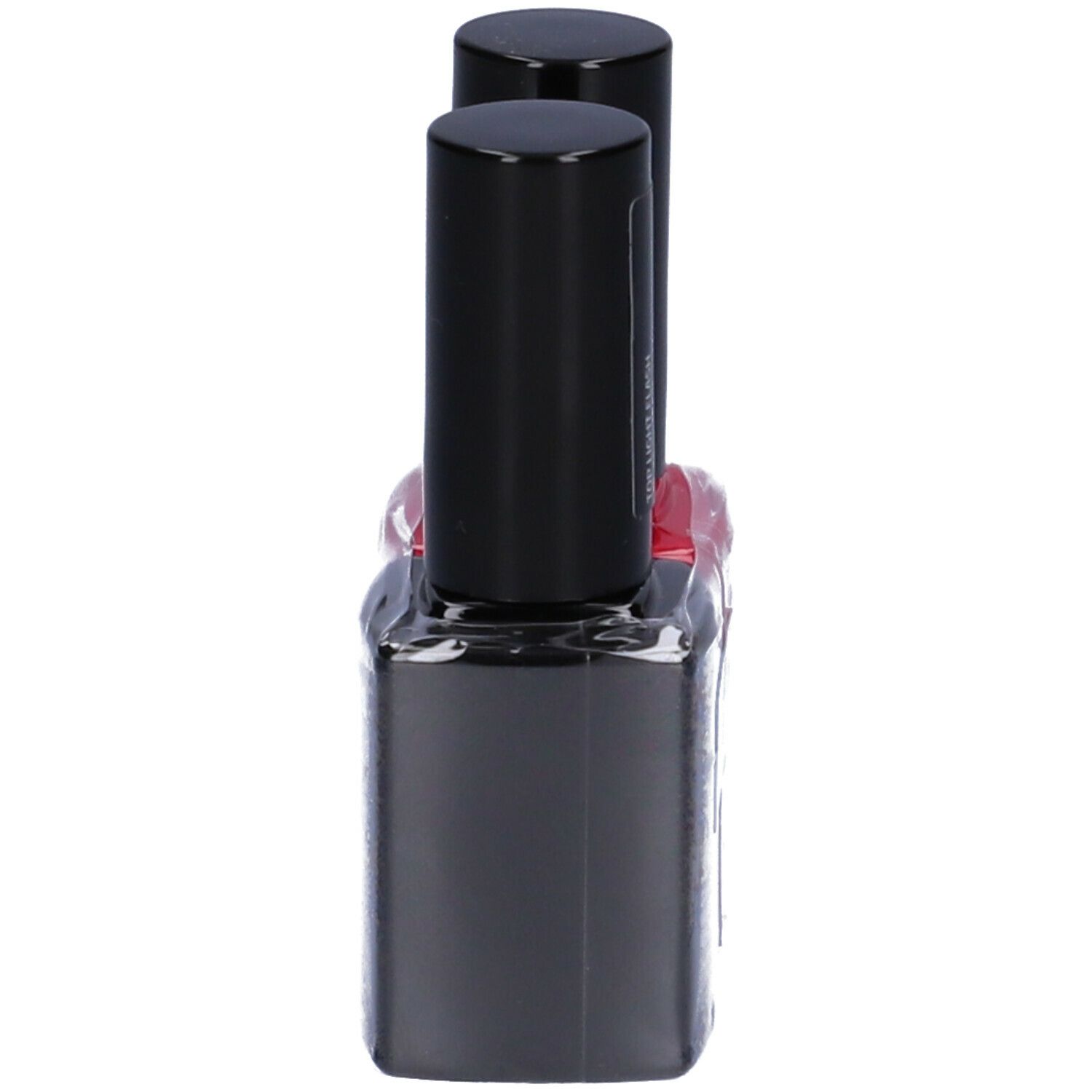 Un flacone di smalto per unghie nero con liquido rosso. Scritta 'Euphidra'.