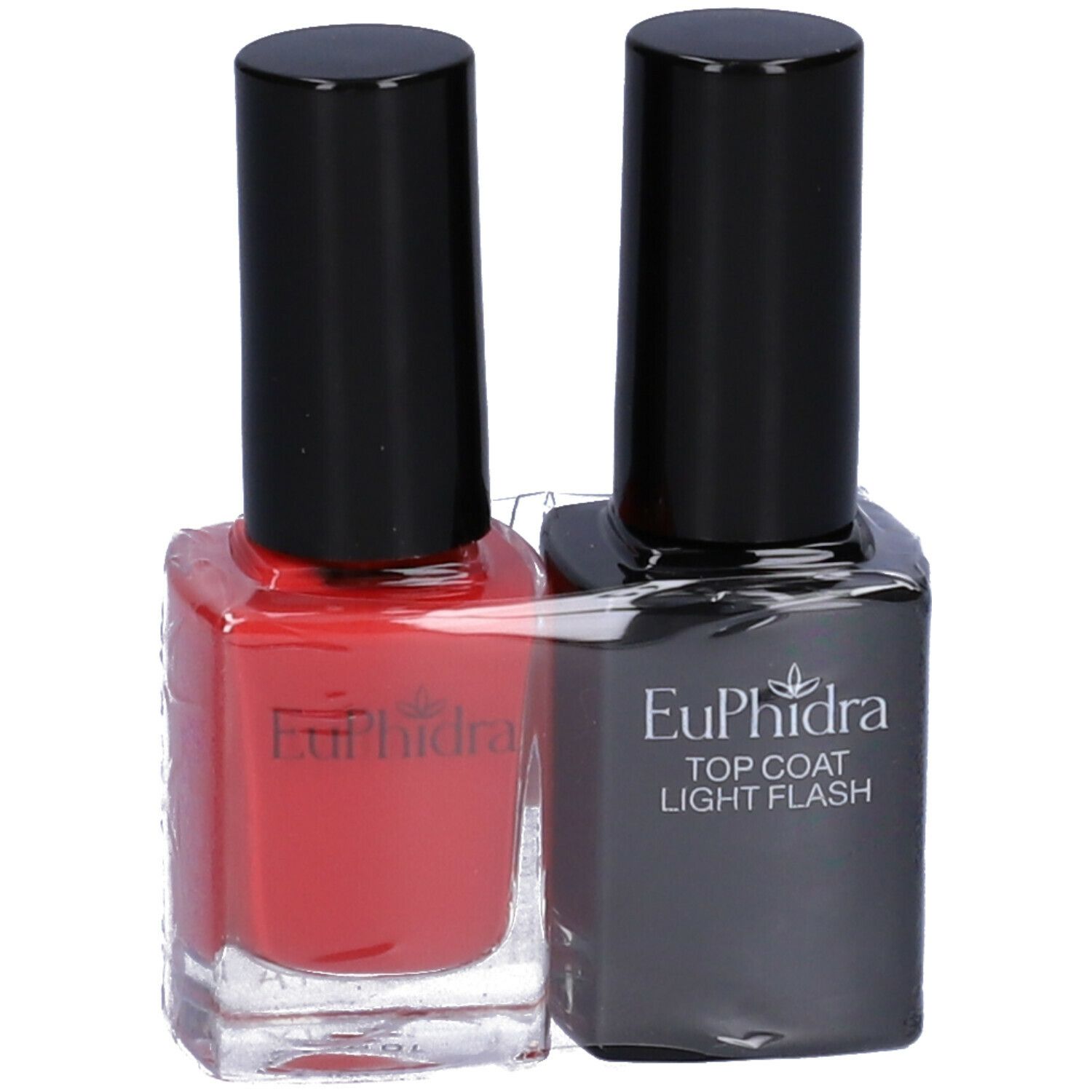 Due flaconi di smalto per unghie. Uno rosso, uno nero con la scritta 'Top Coat Light Flash'. Marchio: Euphidra.
