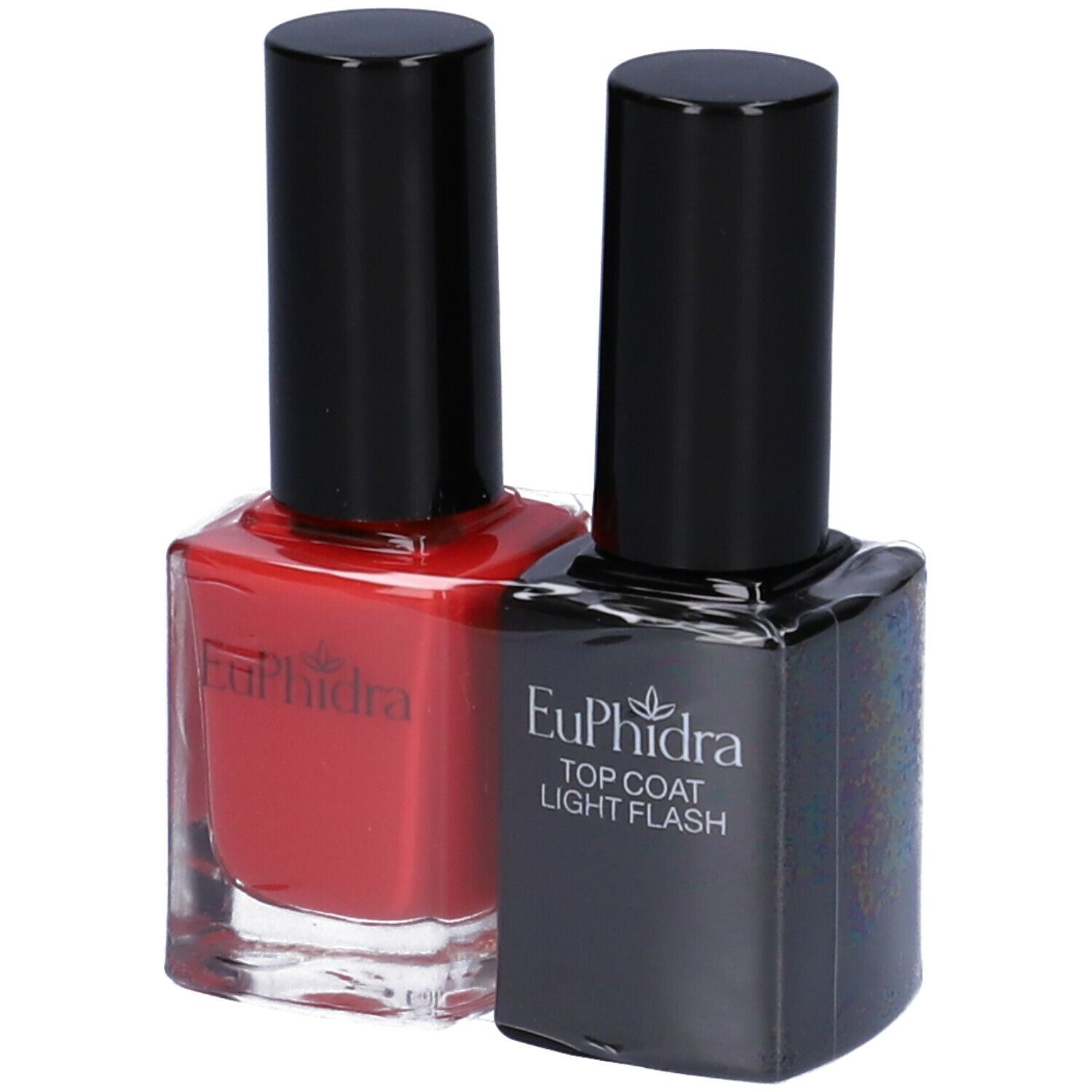 Due flaconi di smalto per unghie. Uno rosso, uno nero con la scritta 'Top Coat Light Flash'. Marchio: Euphidra.