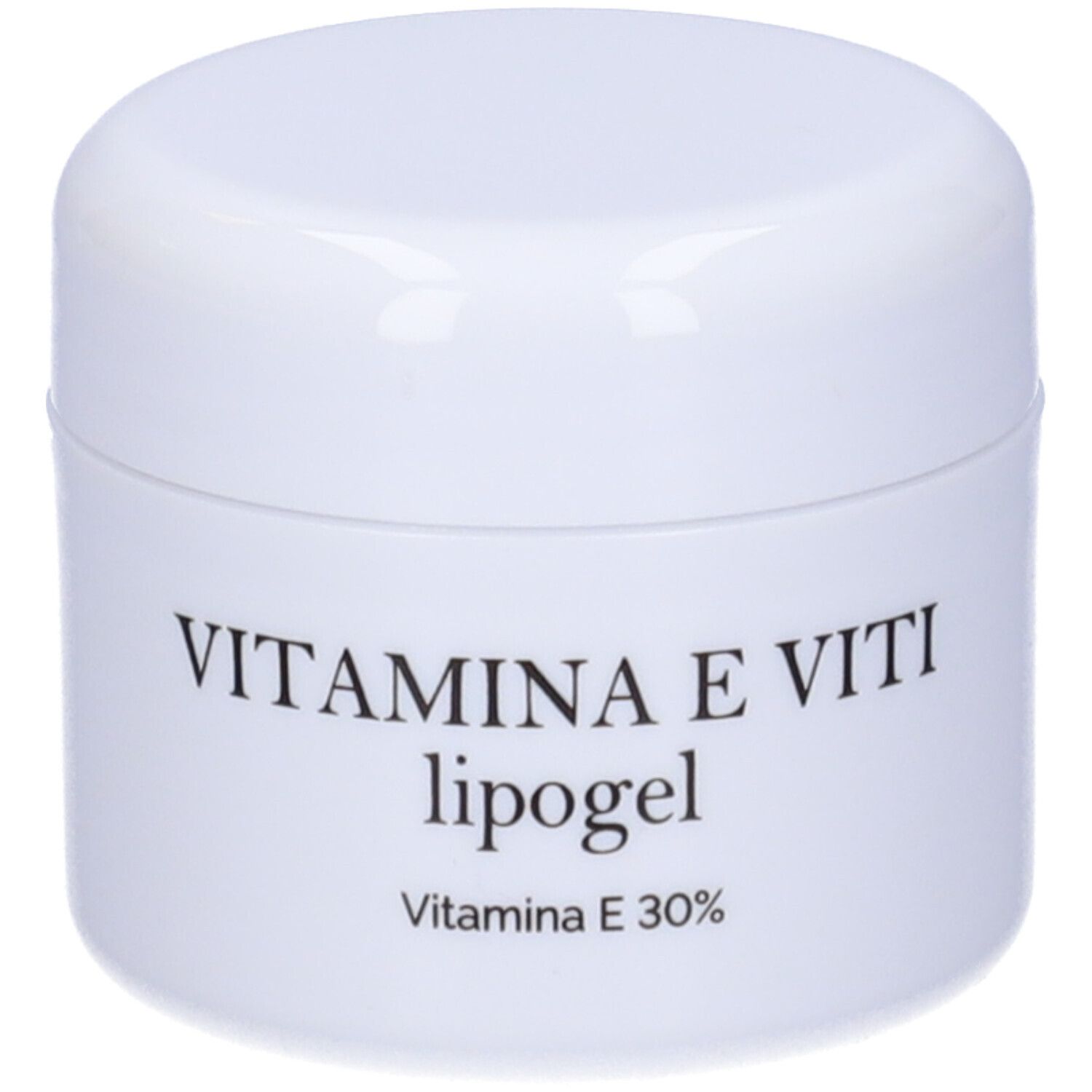 Vaso bianco con scritta nera: VITAMINA E VITI lipogel, Vitamina E 30%.