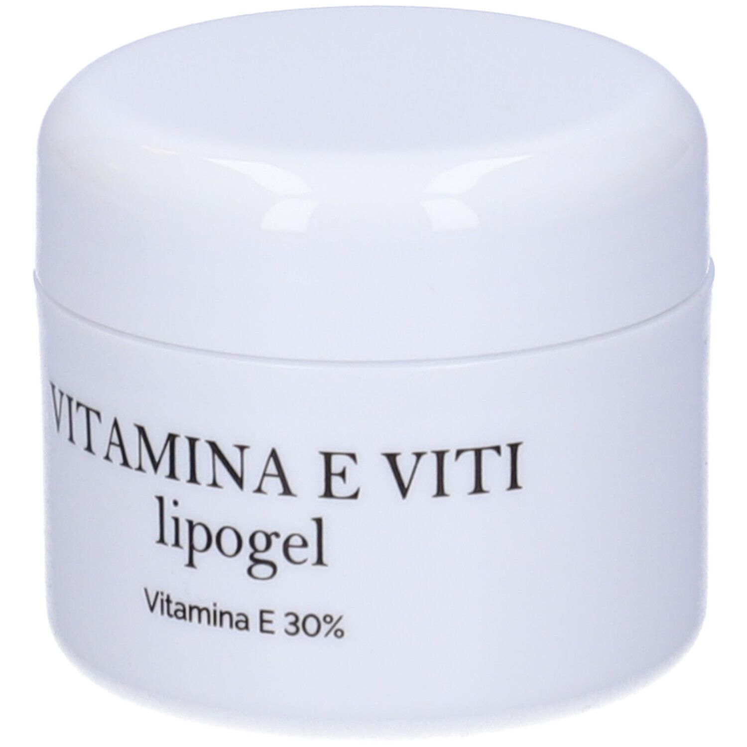 Vaso bianco con scritta nera: VITAMINA E VITI lipogel, Vitamina E 30%.