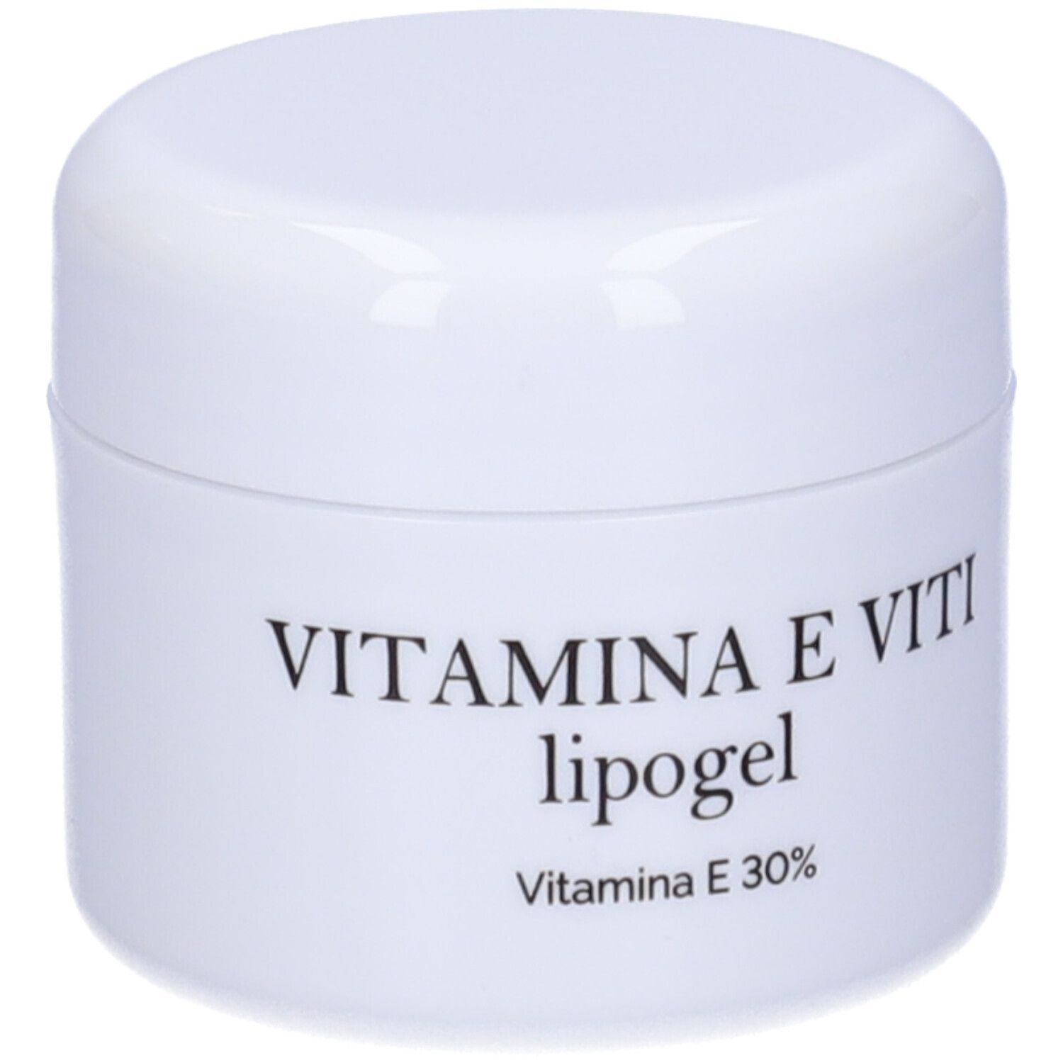 Vaso bianco con scritta nera: VITAMINA E VITI lipogel, Vitamina E 30%.