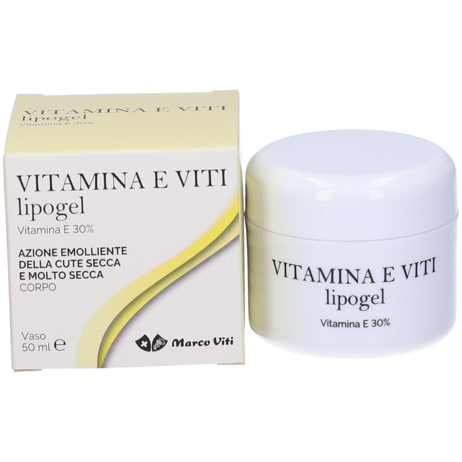 Vaso bianco e scatola. Sul vaso: VITAMINA E VITI lipogel, Vitamina E 30%.