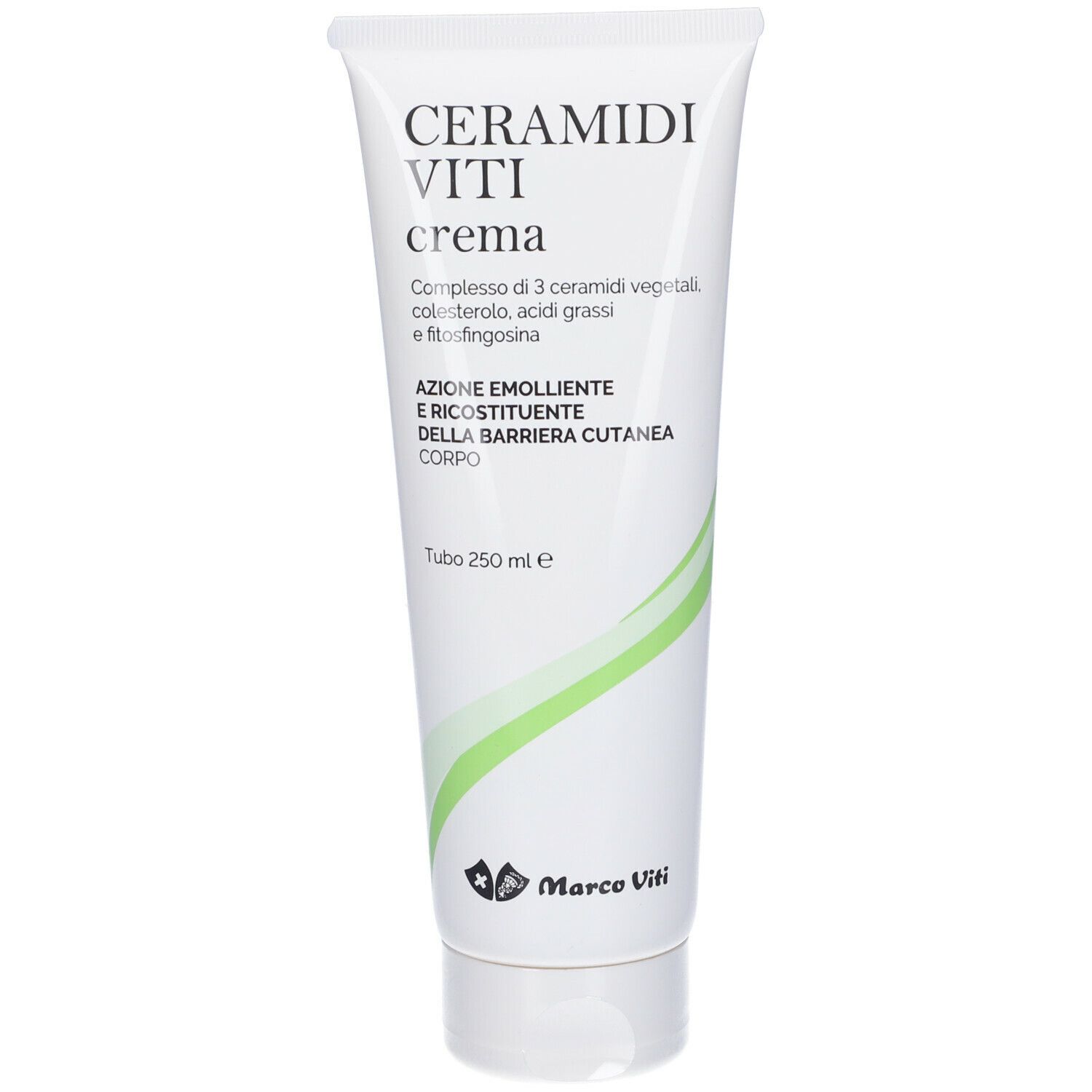 Tubo bianco con dettagli verdi. Scritta: CERAMIDI VITI crema. Contiene ceramidi vegetali, colesterolo, acidi grassi e fitosfingosina.