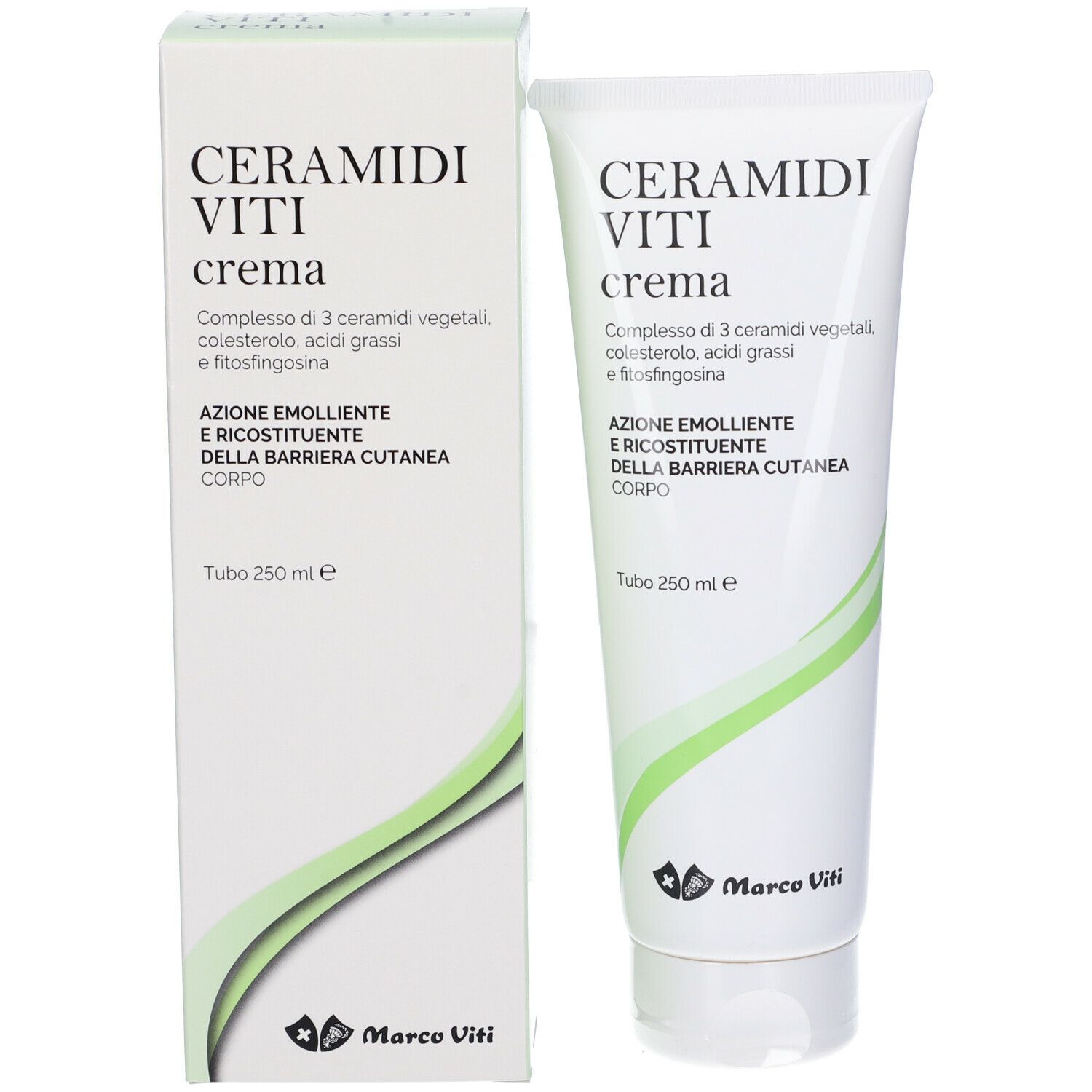 Confezione del prodotto: tubo e scatola. Scritta: CERAMIDI VITI crema. Contiene ceramidi vegetali, colesterolo, acidi grassi e fitosfingosina.