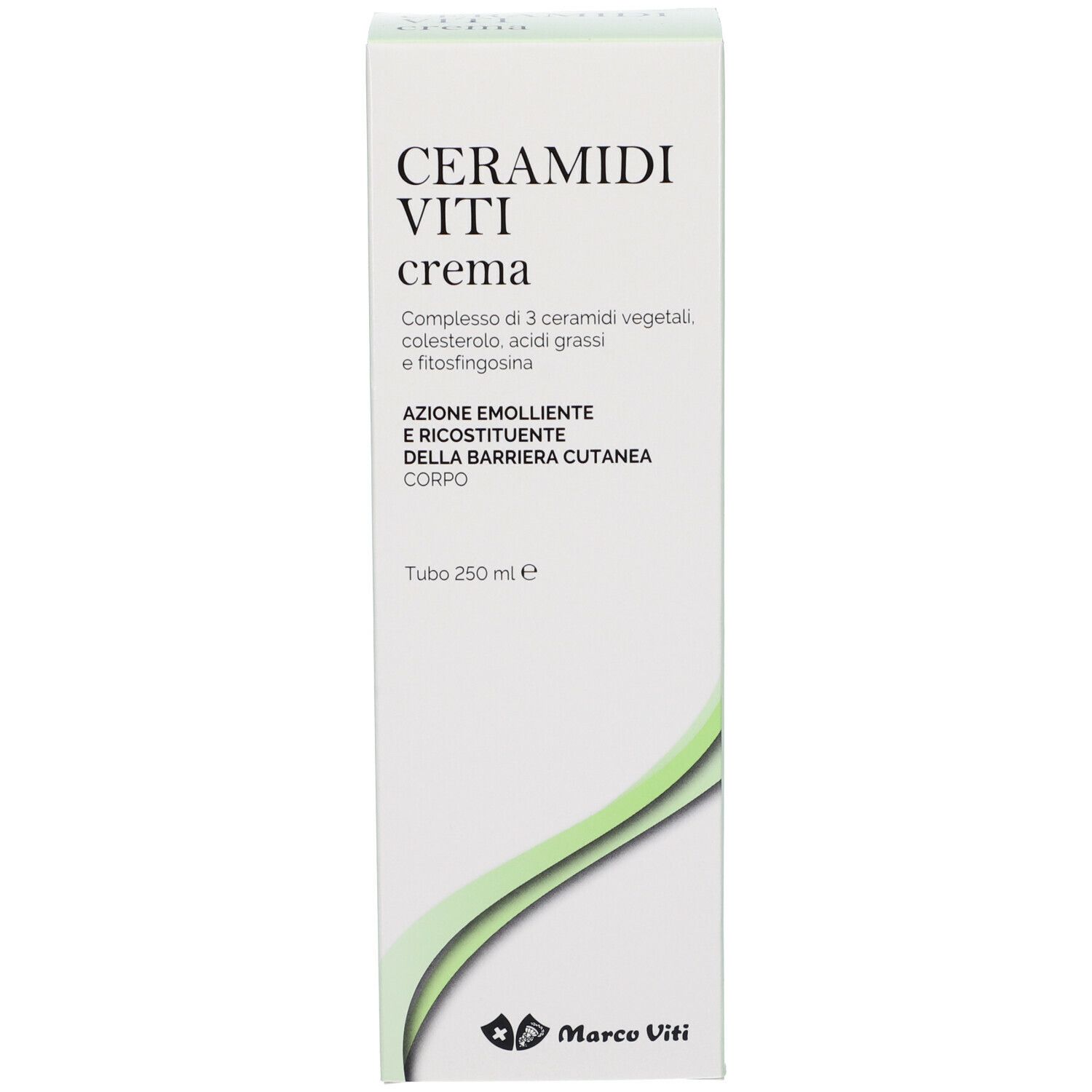 Scatola con scritta: CERAMIDI VITI crema. Contiene ceramidi vegetali, colesterolo, acidi grassi e fitosfingosina. Marchio: Marco Viti.