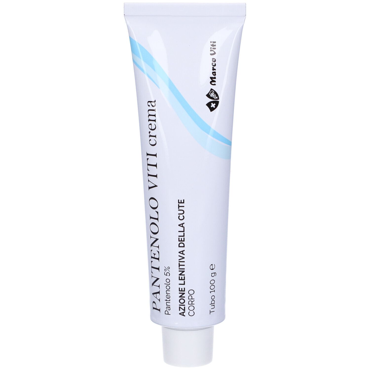 Weiße Tube mit blauer Wellenlinie. Aufschrift: PANTENOLO VITI crema, Panthenol 5%, AZIONE LENITIVA DELLA CUTE, CORPO.