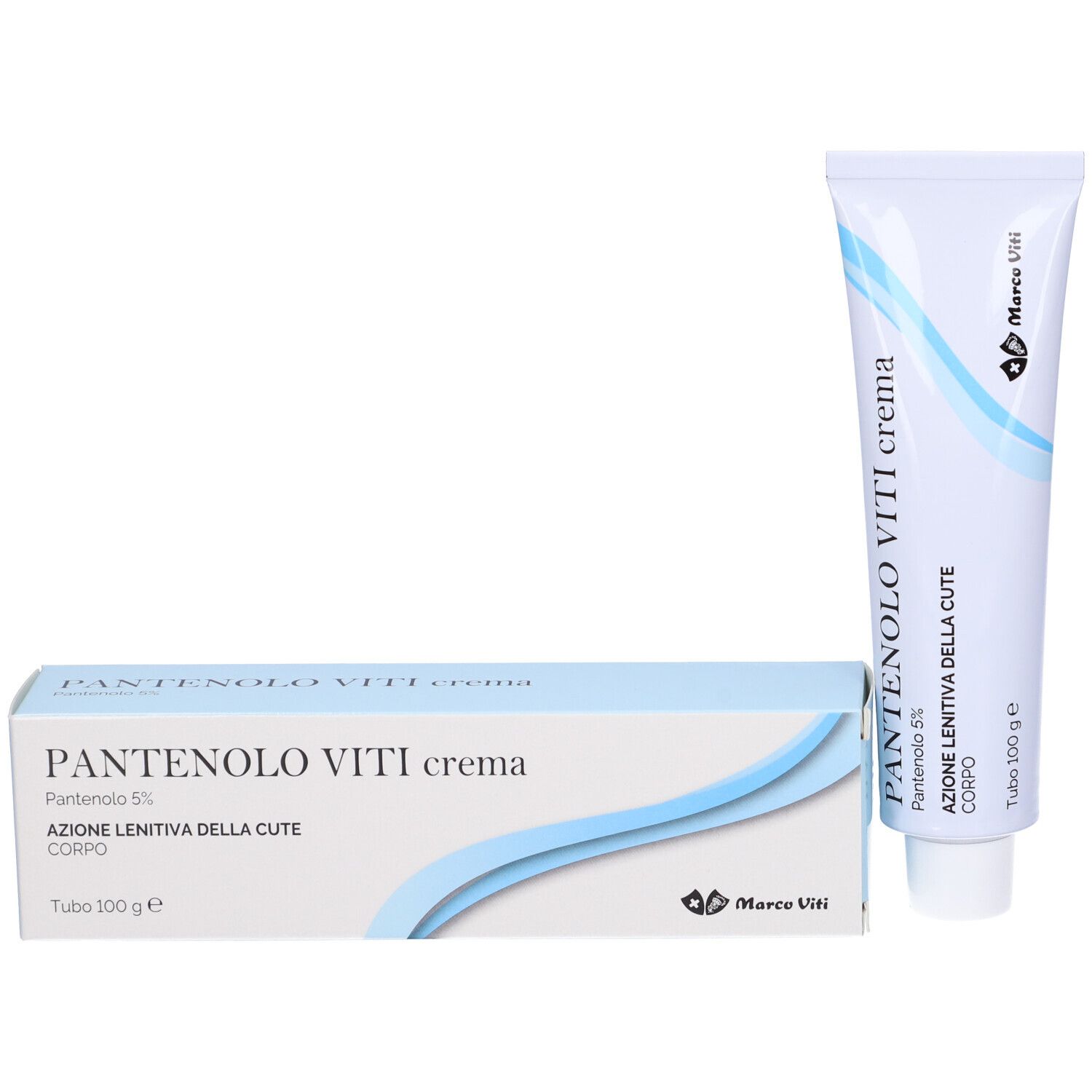 Produktverpackung und Tube. Karton mit Aufschrift PANTENOLO VITI crema. Tube daneben.