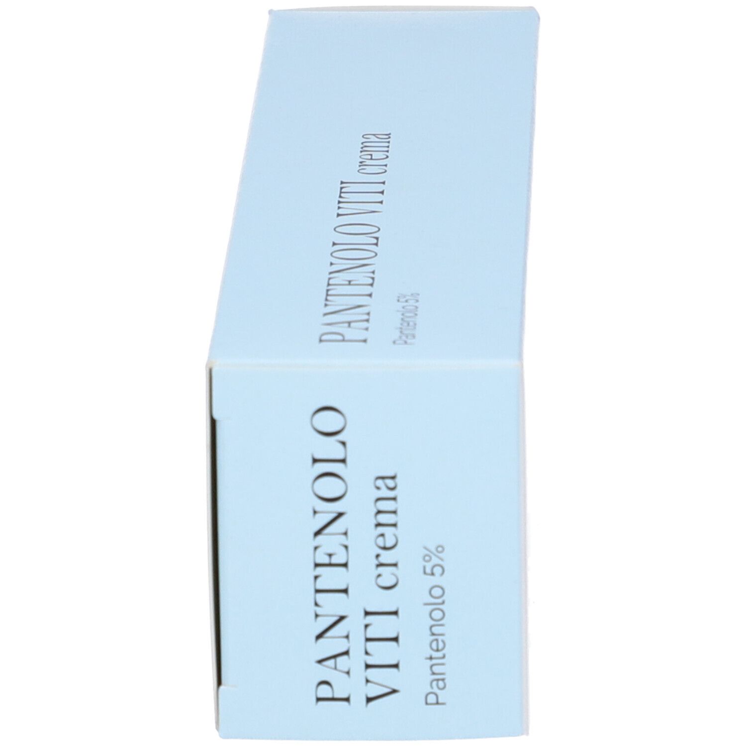 Seitenansicht der Kartonverpackung. Aufschrift: PANTENOLO VITI crema, Panthenol 5%.