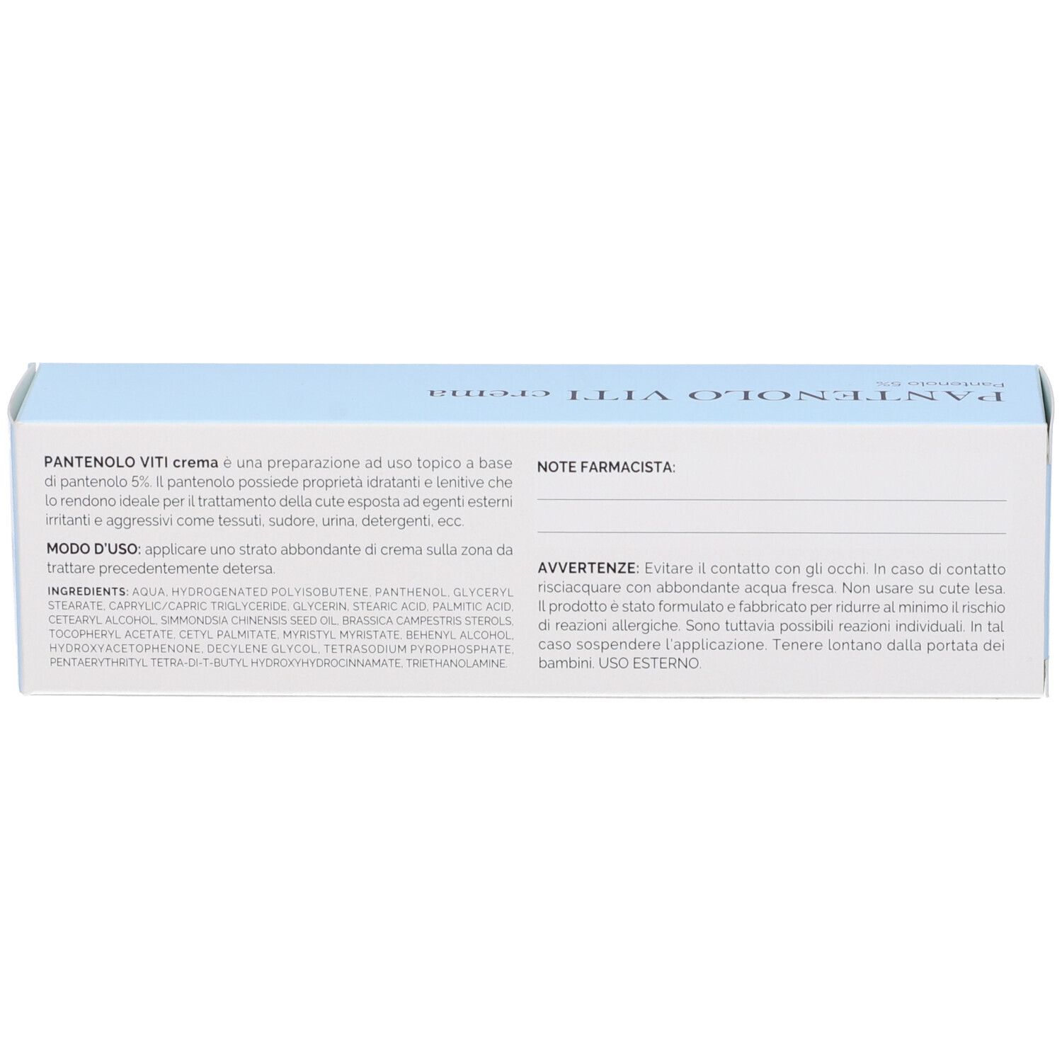 Rückseite der Kartonverpackung. Text in italienischer Sprache. Inhaltsstoffe, Anwendungshinweise und Warnhinweise.