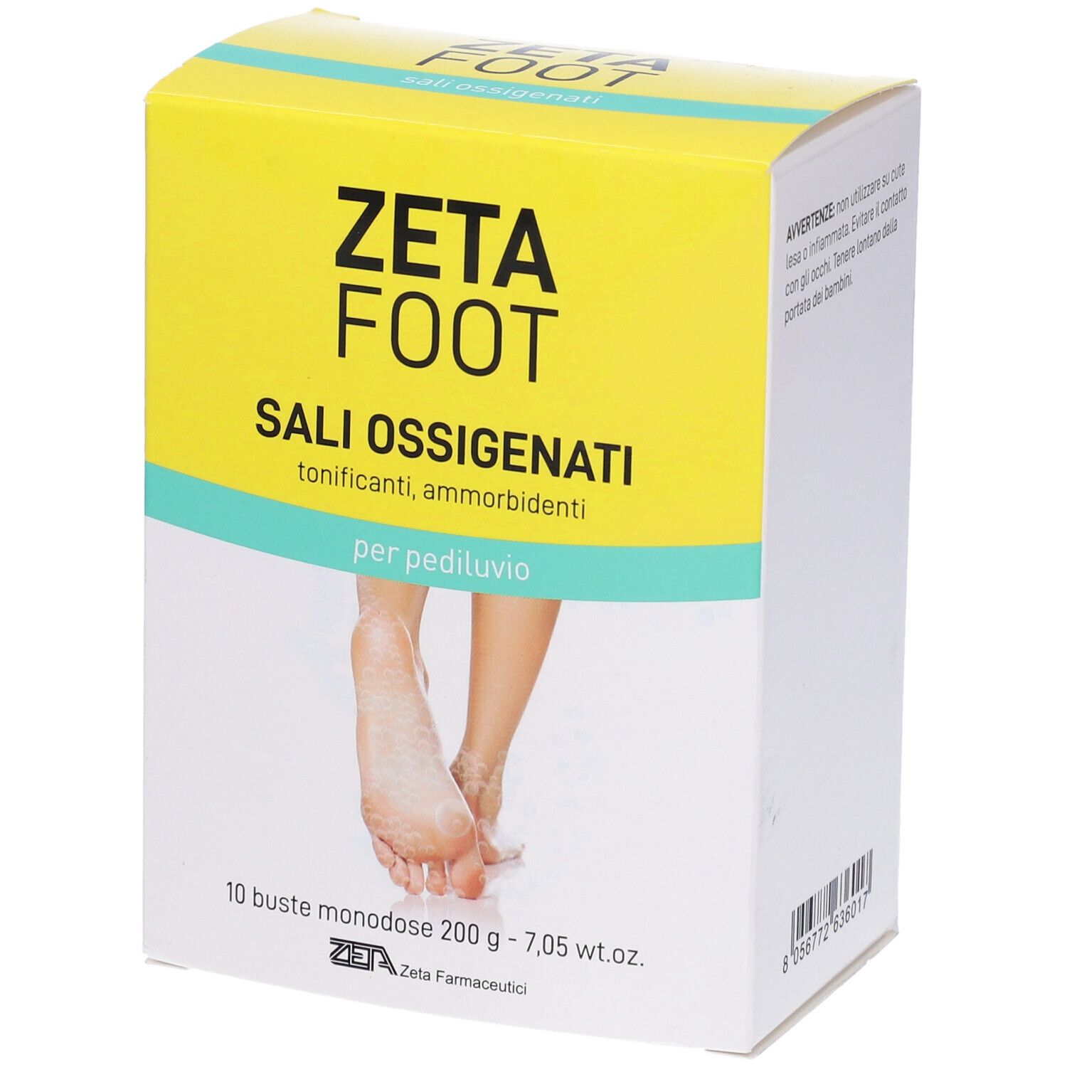 Zetafoot Sali Ossigenati. Scatola gialla con nome e logo del prodotto. Testo: Sali Ossigenati, per pediluvio. 10 bustine.