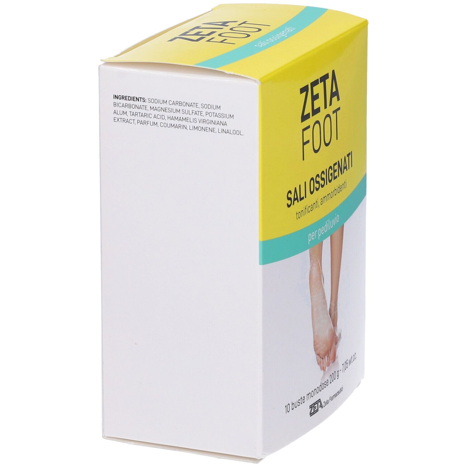 Zetafoot Sali Ossigenati. Scatola, gialla e bianca. Testo: Sali Ossigenati, per pediluvio. Elenco ingredienti.