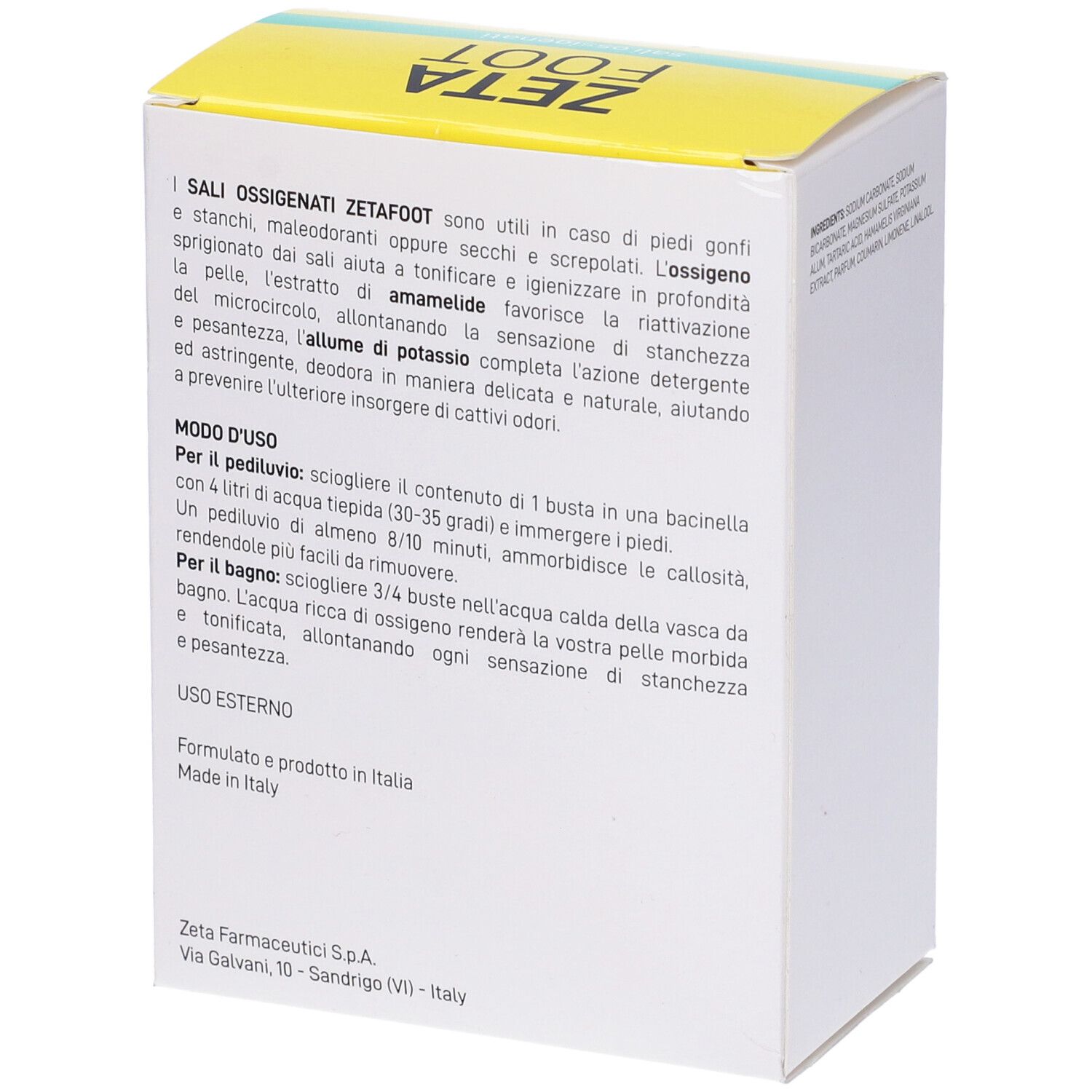 Zetafoot Sali Ossigenati. Scatola, gialla e bianca. Testo: Sali Ossigenati, per pediluvio. Istruzioni per l'uso.