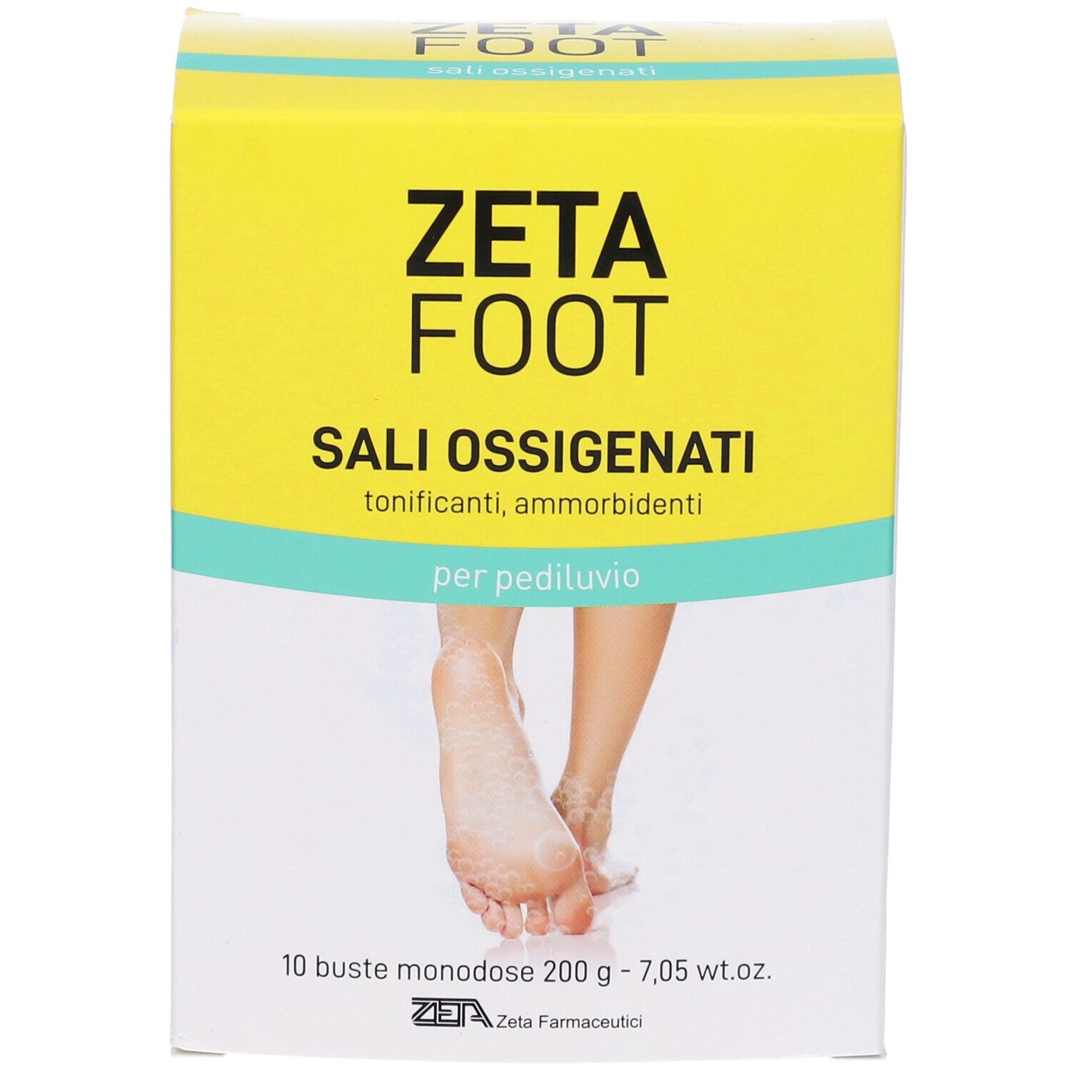 Zetafoot Sali Ossigenati. Scatola gialla con nome e logo del prodotto. Testo: Sali Ossigenati, per pediluvio. 10 bustine.