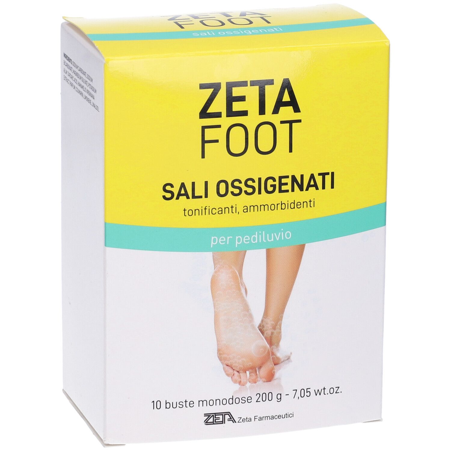 Zetafoot Sali Ossigenati. Scatola gialla con nome e logo del prodotto. Testo: Sali Ossigenati, per pediluvio. 10 bustine.