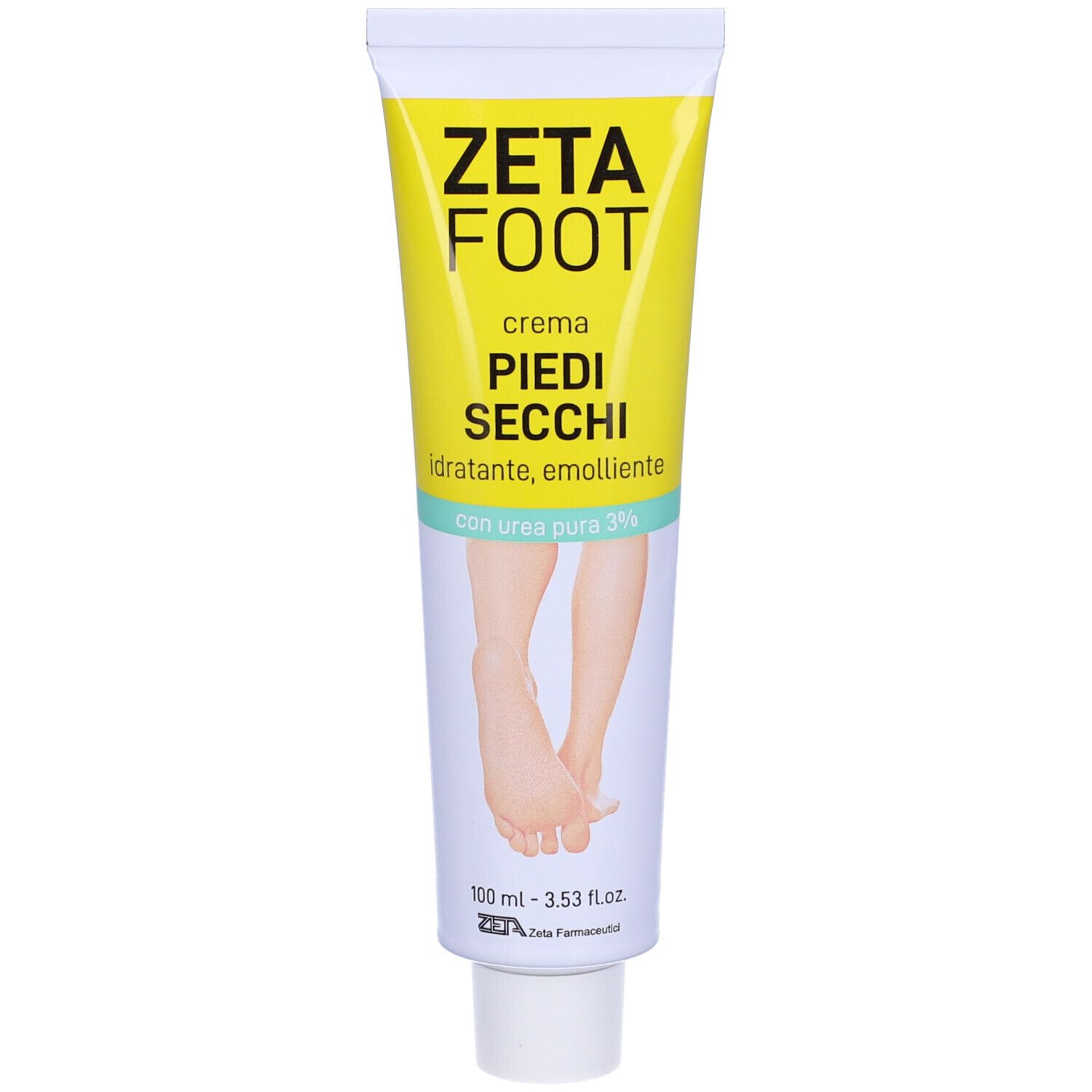 Tubo giallo ZETA FOOT Crema Piedi Secchi. Contiene urea 3%. Immagine di piedi. Scritte in italiano.