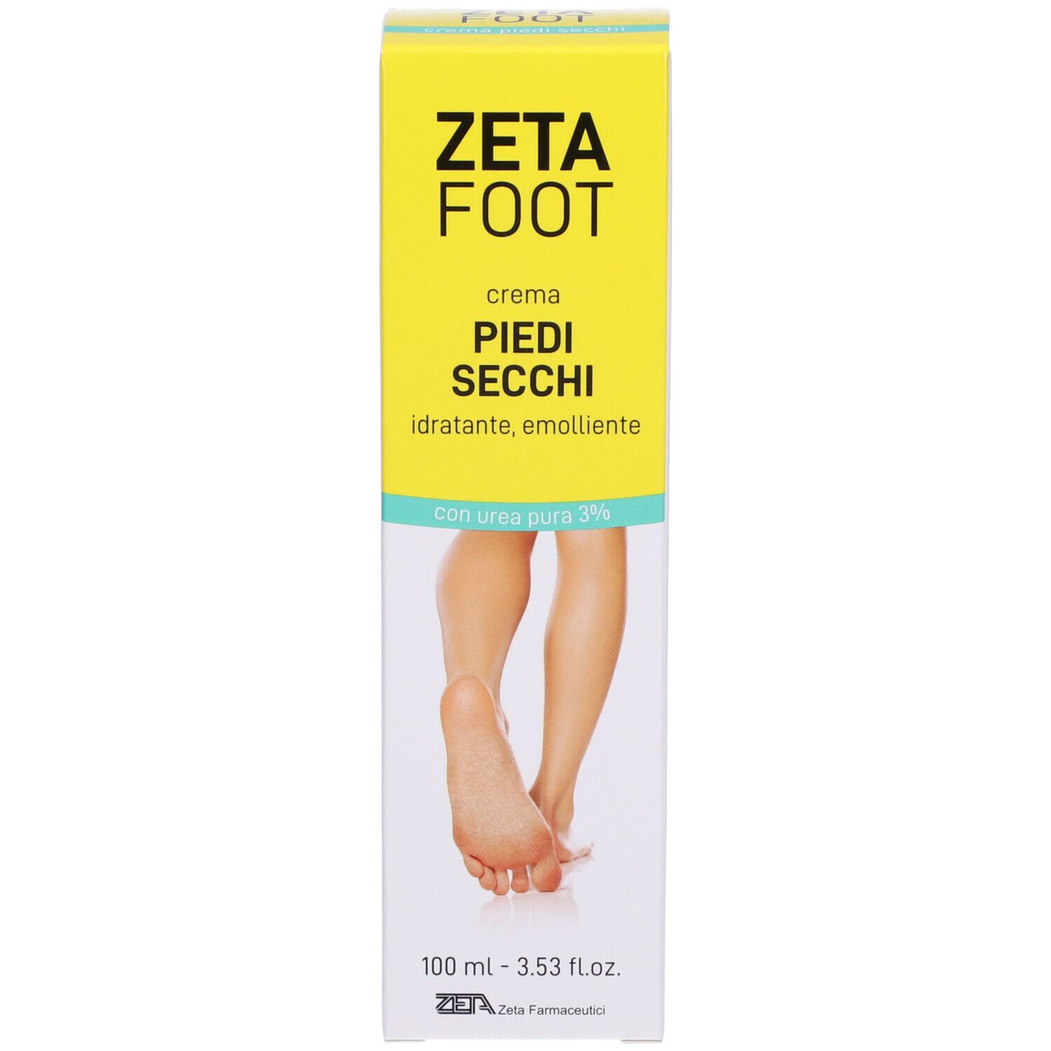 Confezione ZETA FOOT Crema Piedi Secchi. Gialla, nome e descrizione. Contiene urea 3%.