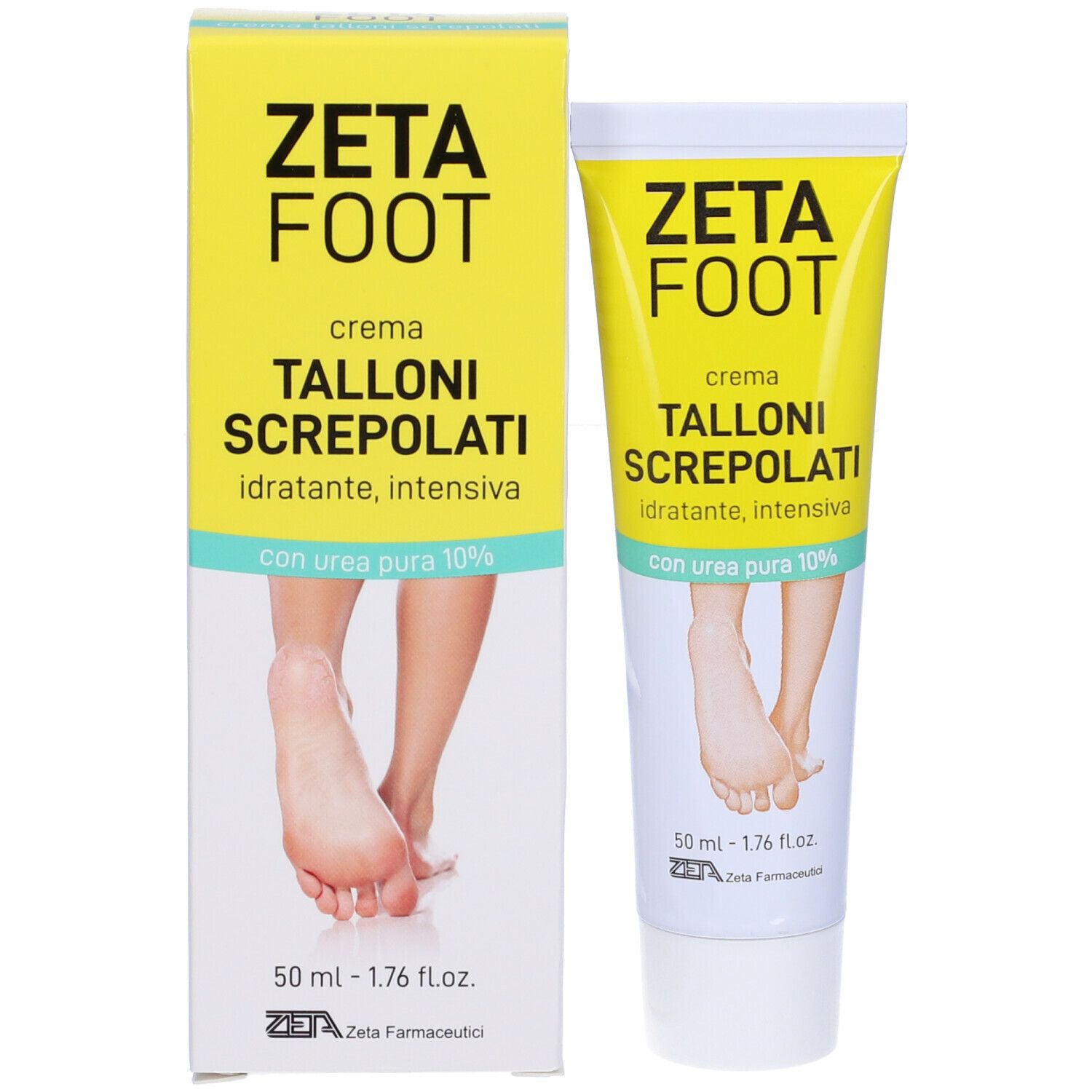 Confezione del prodotto con tubo e scatola. Scritta: ZETA FOOT, crema TALLONI SCREPOLATI. Con immagine di piedi. 50 ml.