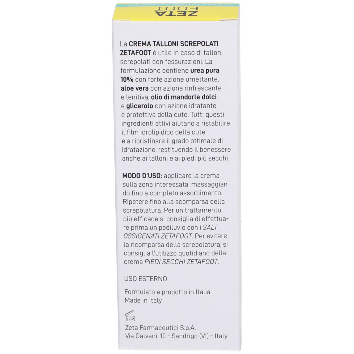 Lato della scatola bianca con descrizione del prodotto. Contiene informazioni su uso e ingredienti. Prodotto in Italia.