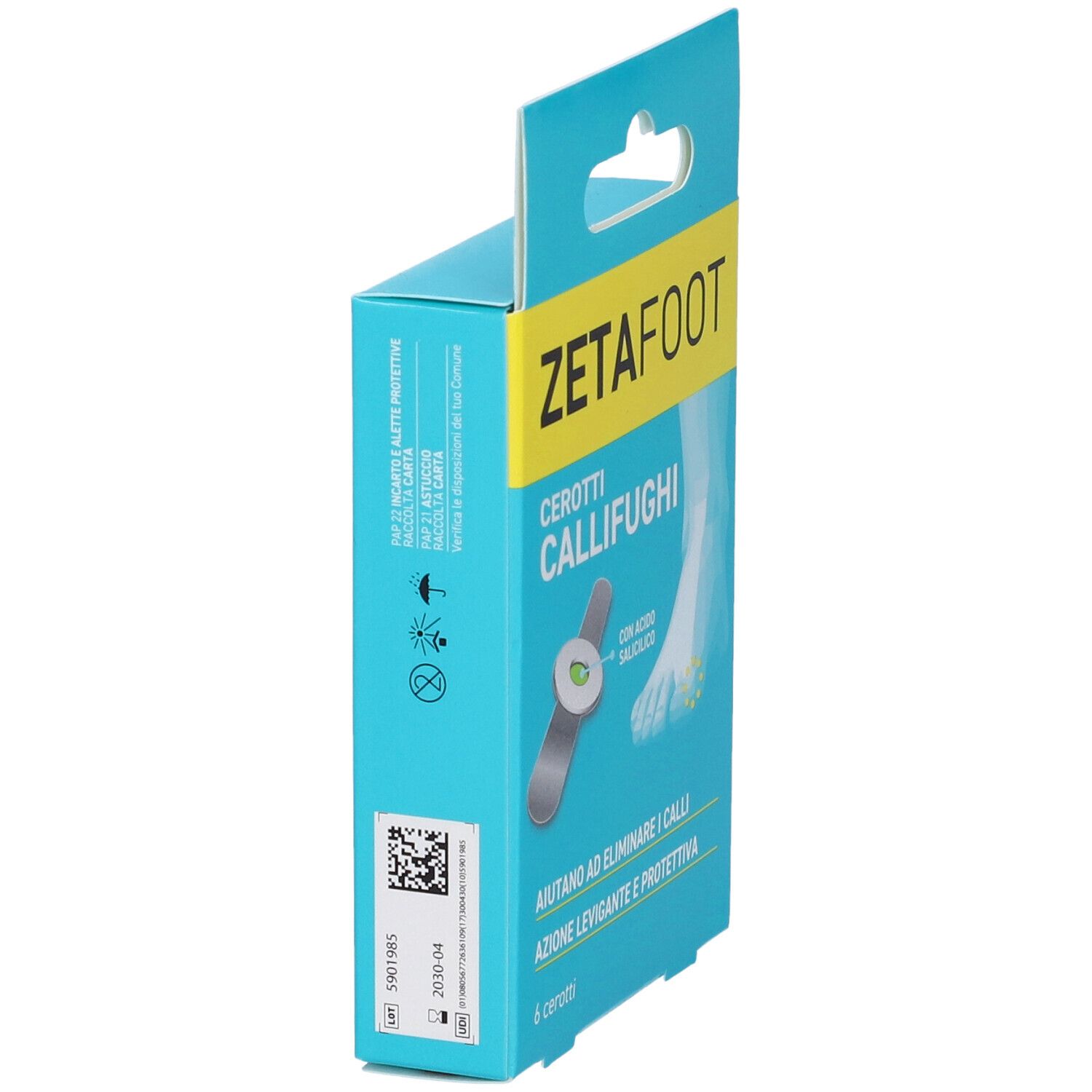 ZetaFoot Cerotti Callifughi Verpackung, Seitenansicht. Gelb-weiße Schachtel mit Produktnamen und Fußabbildung.