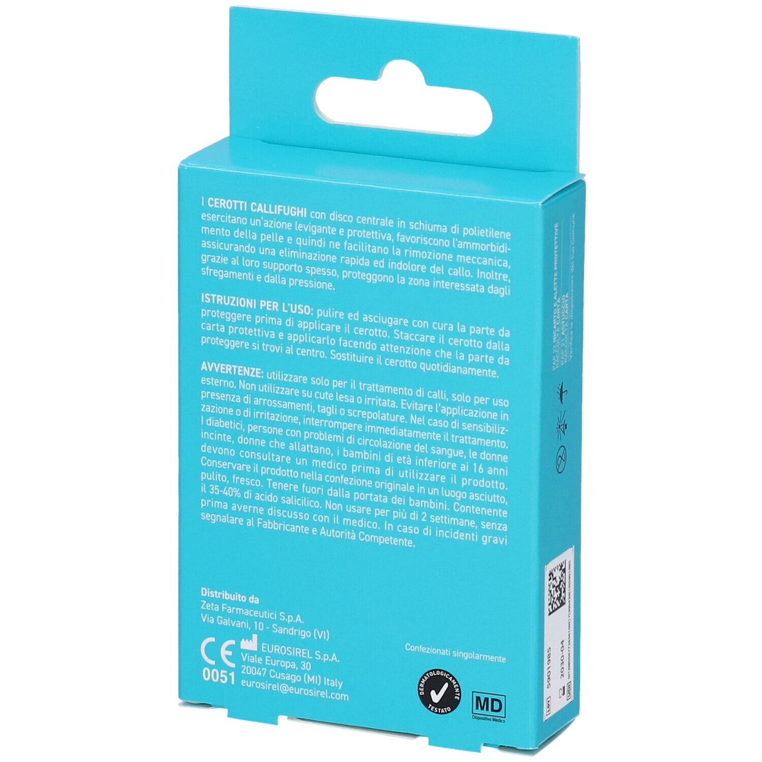 Rückseite der ZetaFoot Cerotti Callifughi Verpackung. Text in italienischer Sprache, CE-Kennzeichnung, MD-Symbol.
