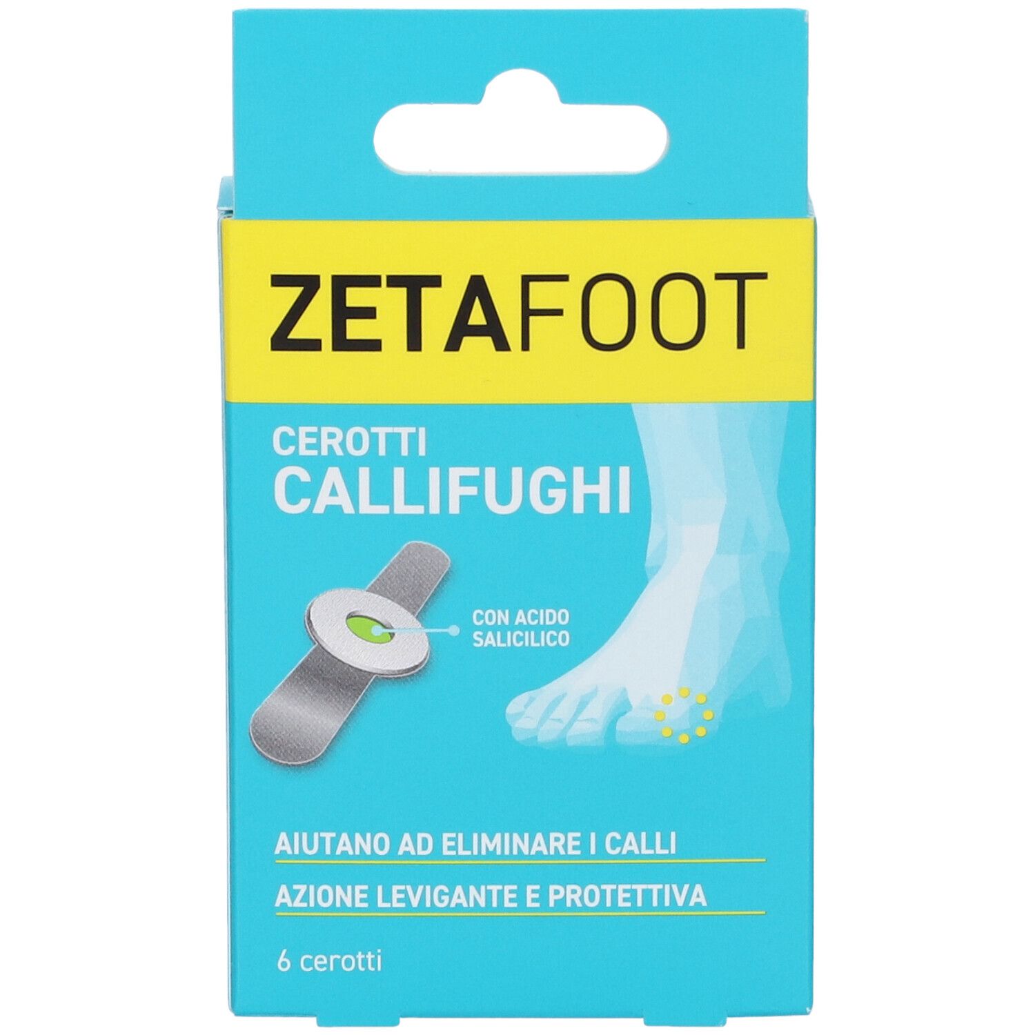 ZetaFoot Cerotti Callifughi Verpackung. Enthält 6 Pflaster, 7,2 x Ø 2 cm. Aufdruck mit Fußabbildung.